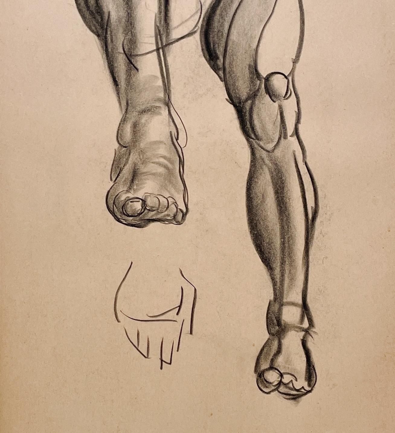 Un raffinato e moderno studio accademico di figura anatomica degli anni '30 di un modello maschile seduto (gambe, ginocchio e piedi) dell'artista di Chicago Harold Haydon (Am. 1909-1994).  Uno studio a carboncino dei primi anni '30, ben eseguito,