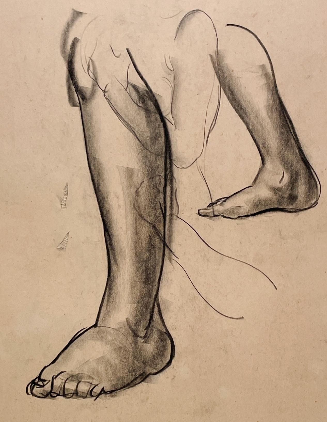 Un raffinato e moderno studio accademico di figura anatomica degli anni '30 di un modello femminile in piedi (gambe e piedi) dell'artista di Chicago Harold Haydon (Am. 1909-1994).  Uno studio a carboncino dei primi anni '30, ben eseguito, che mette
