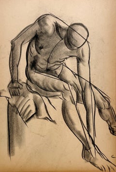 A Fine 1930s, Modern Academic Figure Study Drawing, Seated Male Nude Model