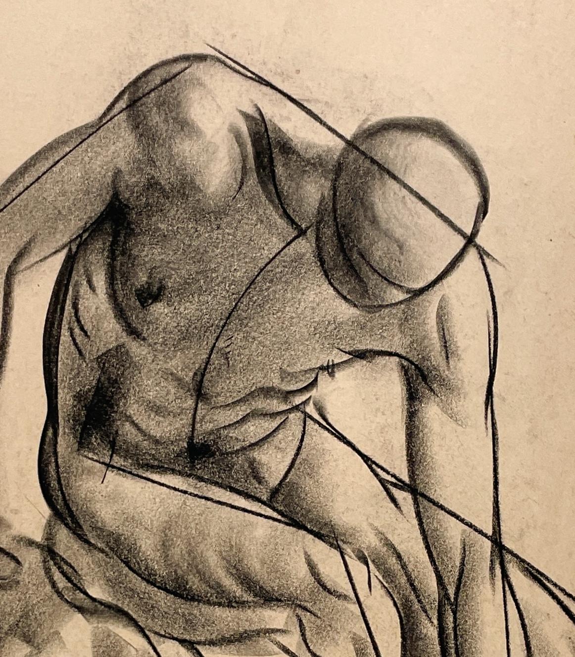 Dibujo de estudio de una figura académica moderna de los años 30, modelo masculino desnudo sentado - Nude Beige de Harold Haydon