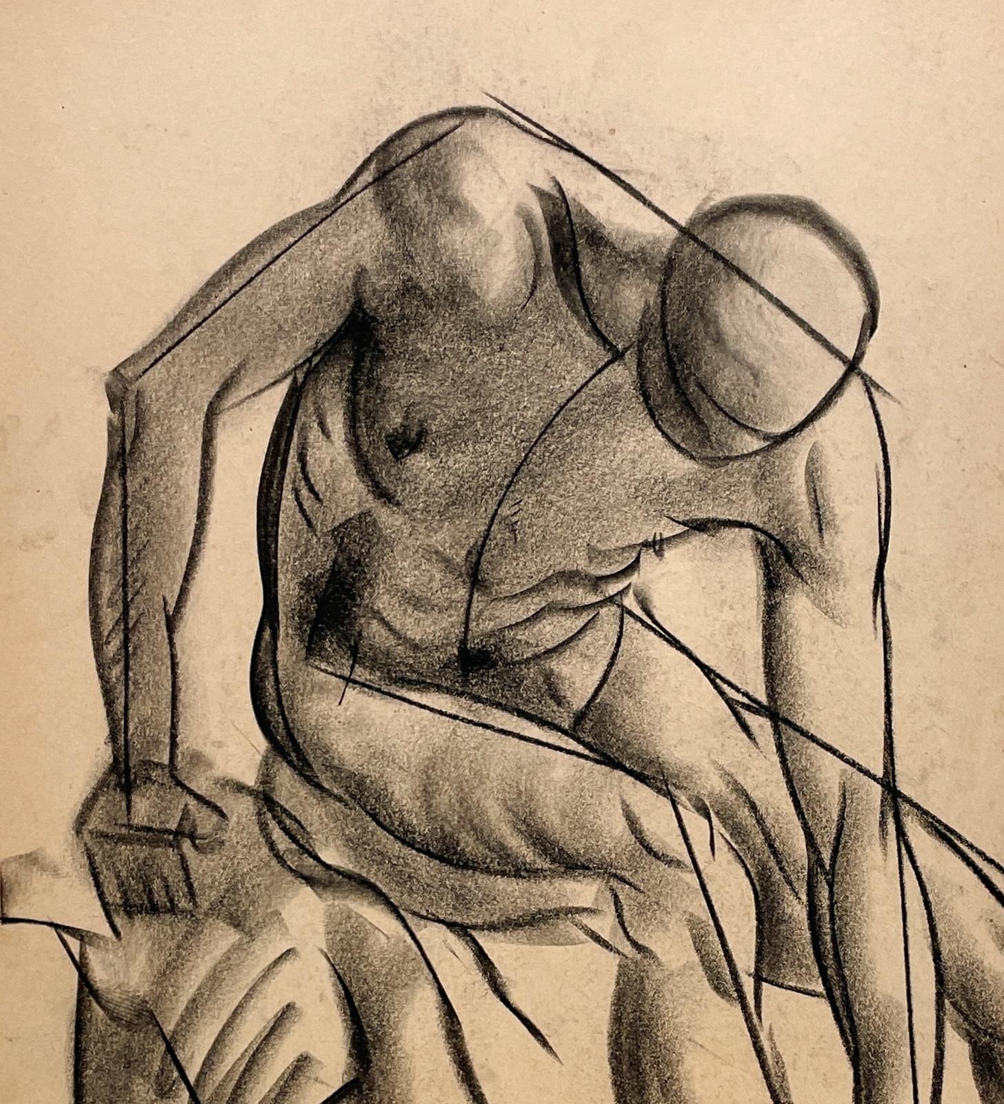 Dibujo de estudio de la figura de un modelo desnudo masculino sentado, de la década de 1930, del famoso artista de Chicago Harold Haydon (Am. 1909-1994).  Un dibujo al carboncillo de Haydon de principios de los años 30, excepcionalmente bien