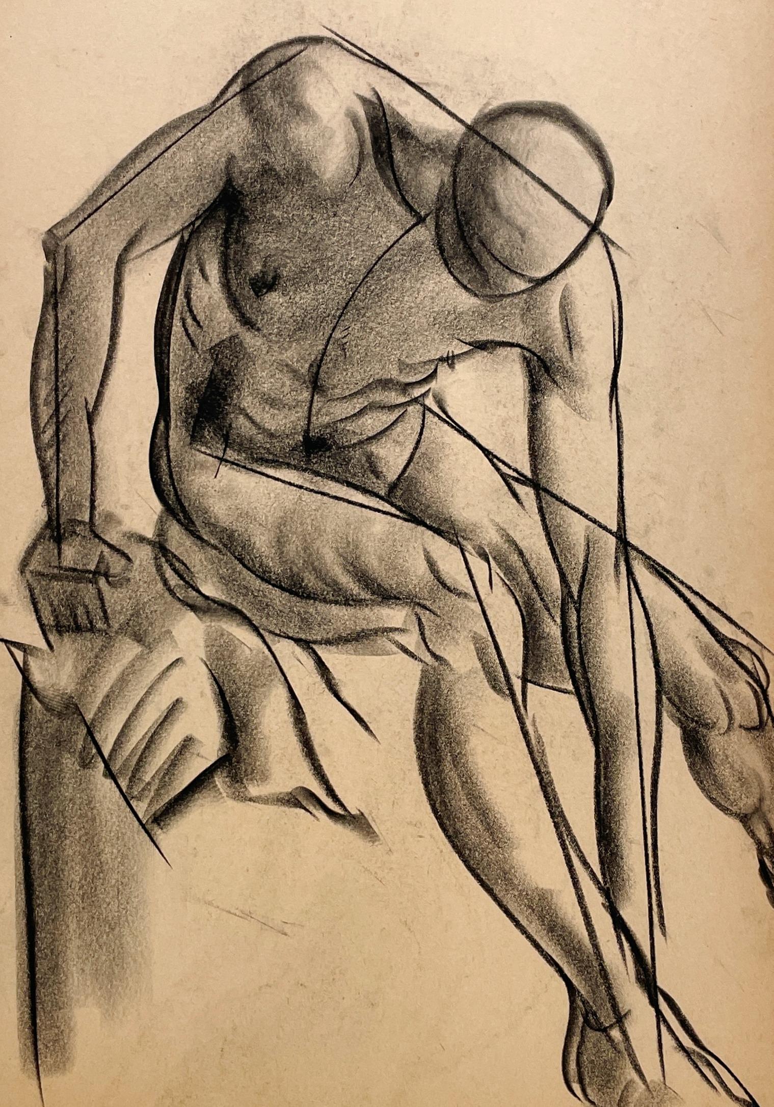 Dibujo de estudio de una figura académica moderna de los años 30, modelo masculino desnudo sentado en venta 1