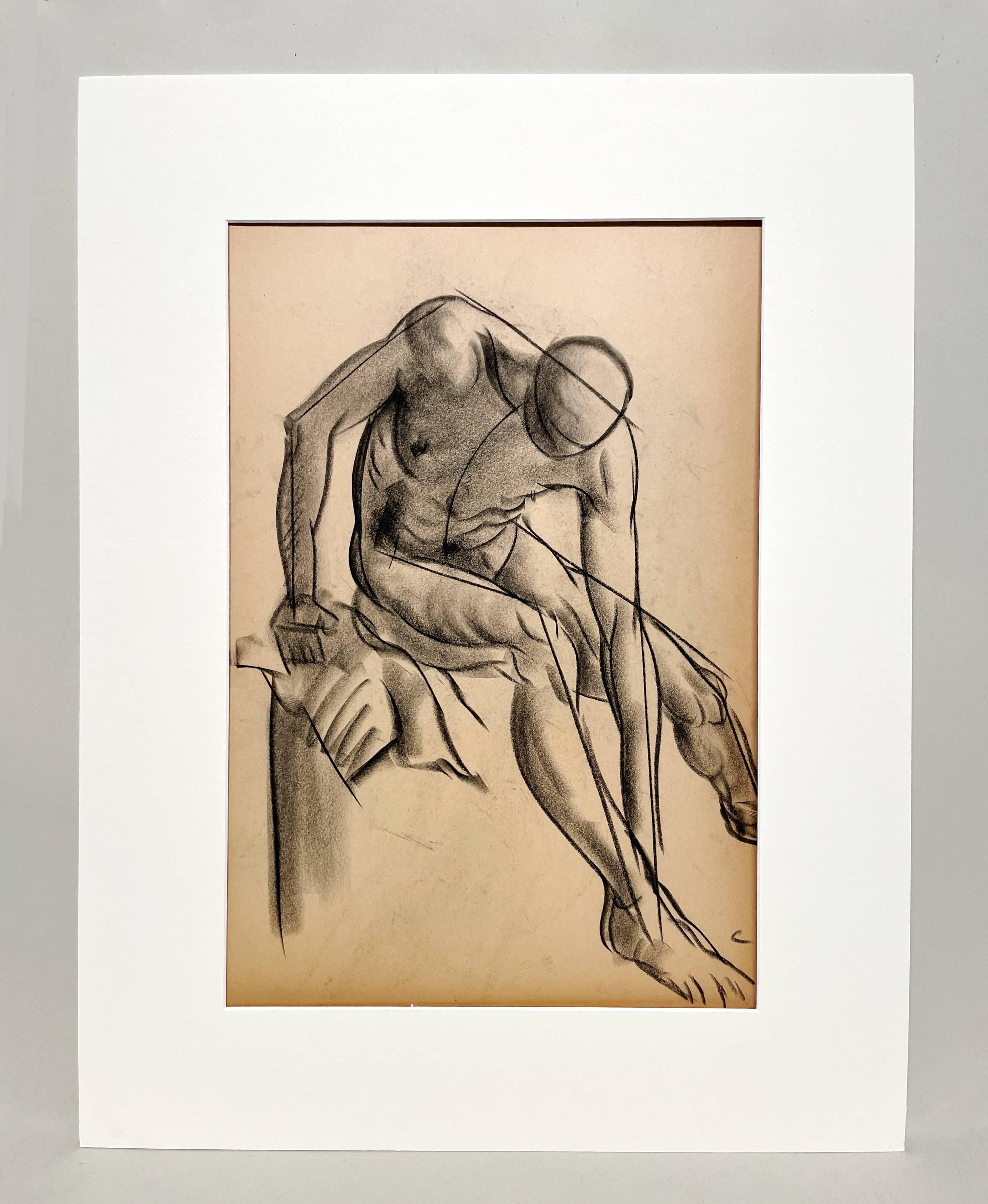 Dibujo de estudio de una figura académica moderna de los años 30, modelo masculino desnudo sentado - Art de Harold Haydon