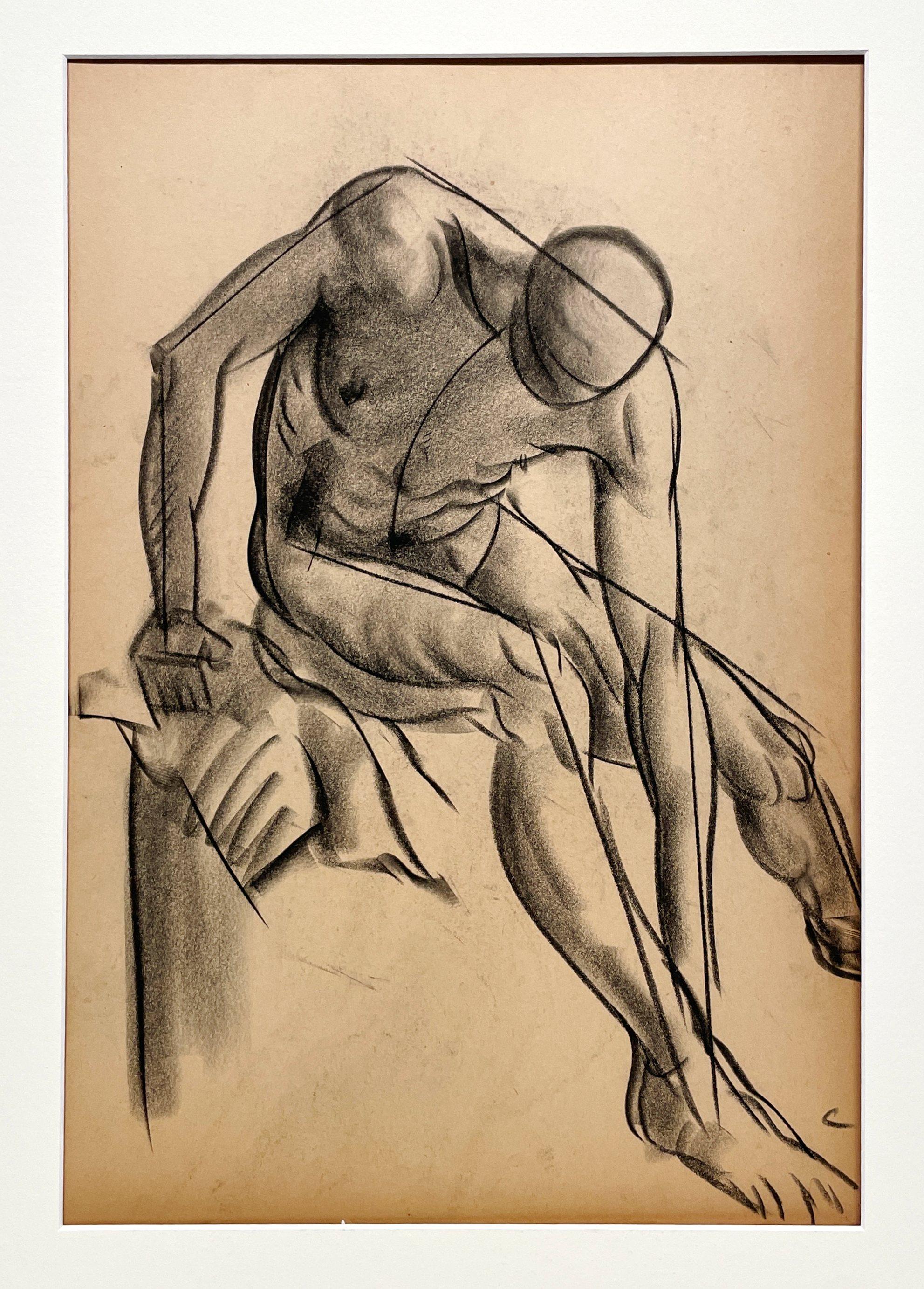 Dibujo de estudio de una figura académica moderna de los años 30, modelo masculino desnudo sentado - Art moderno estadounidense de Harold Haydon