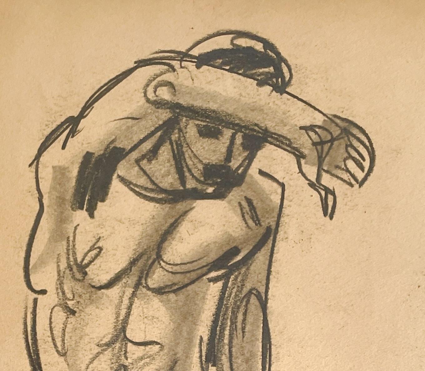 Beau dessin d'étude de figure académique du milieu du siècle dernier, datant des années 1940, représentant un modèle masculin nu debout, réalisé par le célèbre artiste de Chicago, Harold Haydon (Am. 1909-1994).  Un dessin au fusain