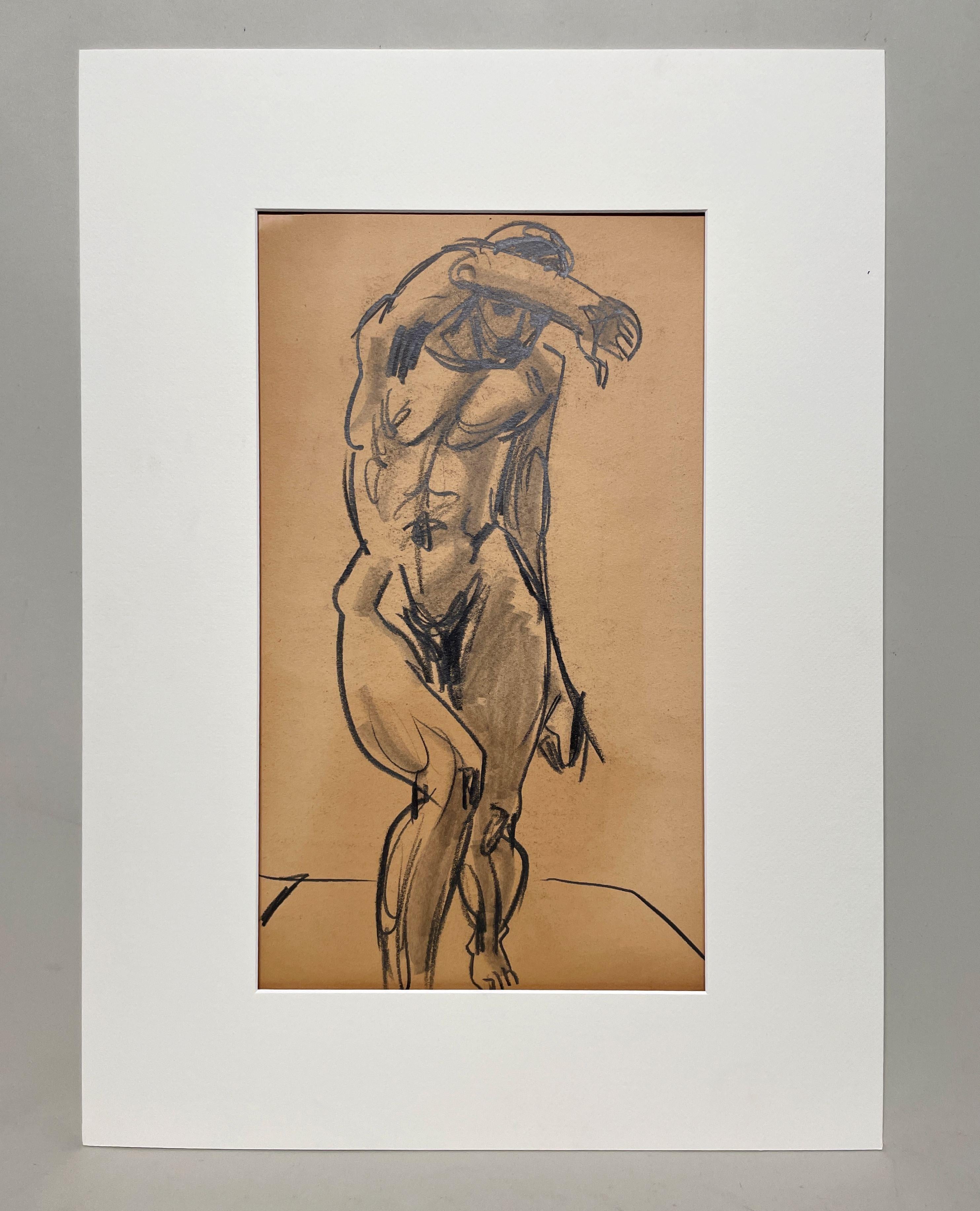 Dessin d'étude d'une figure académique moderne des années 1940, modèle masculin nu debout - Art de Harold Haydon