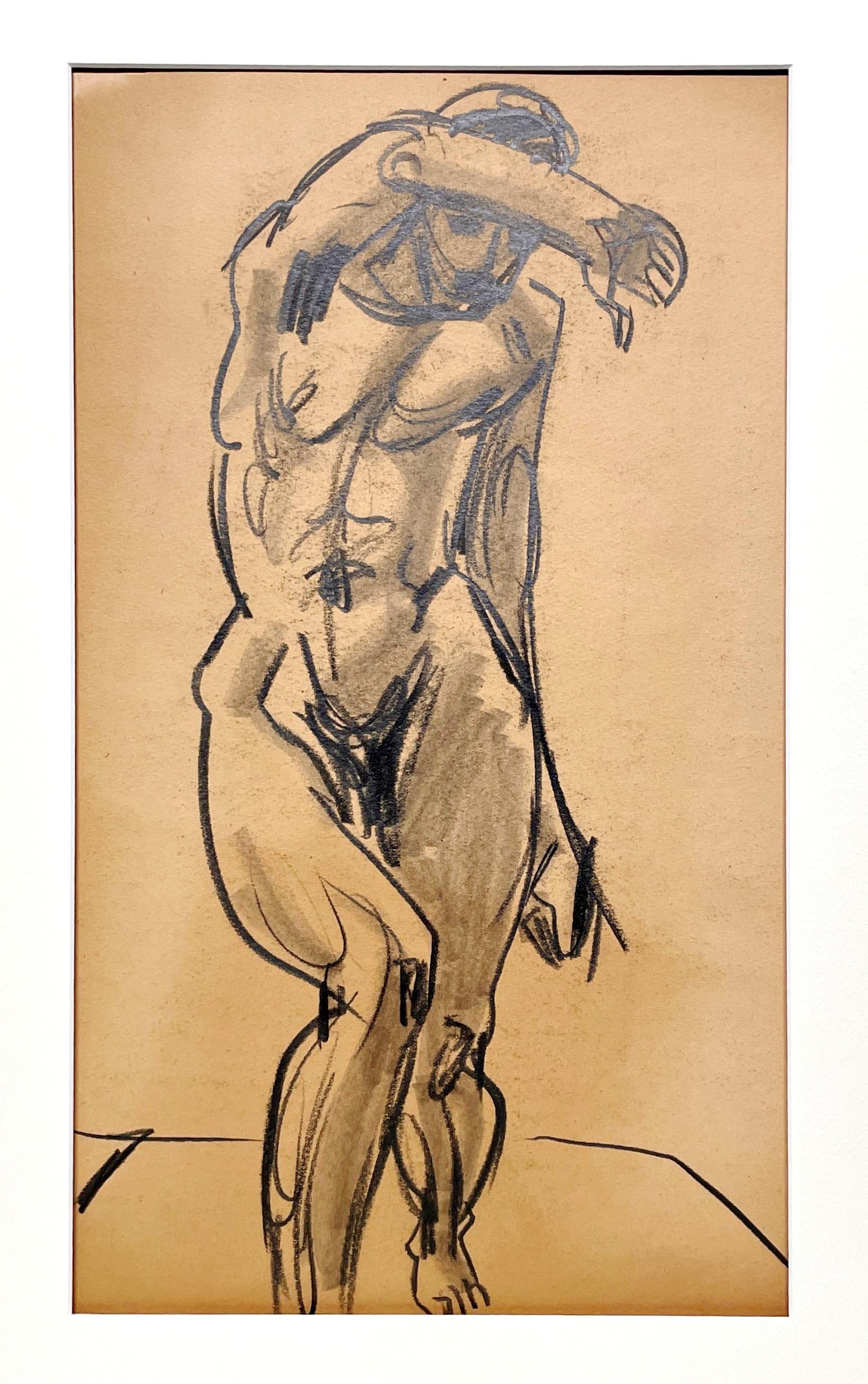 Dessin d'étude d'une figure académique moderne des années 1940, modèle masculin nu debout - Modernisme américain Art par Harold Haydon
