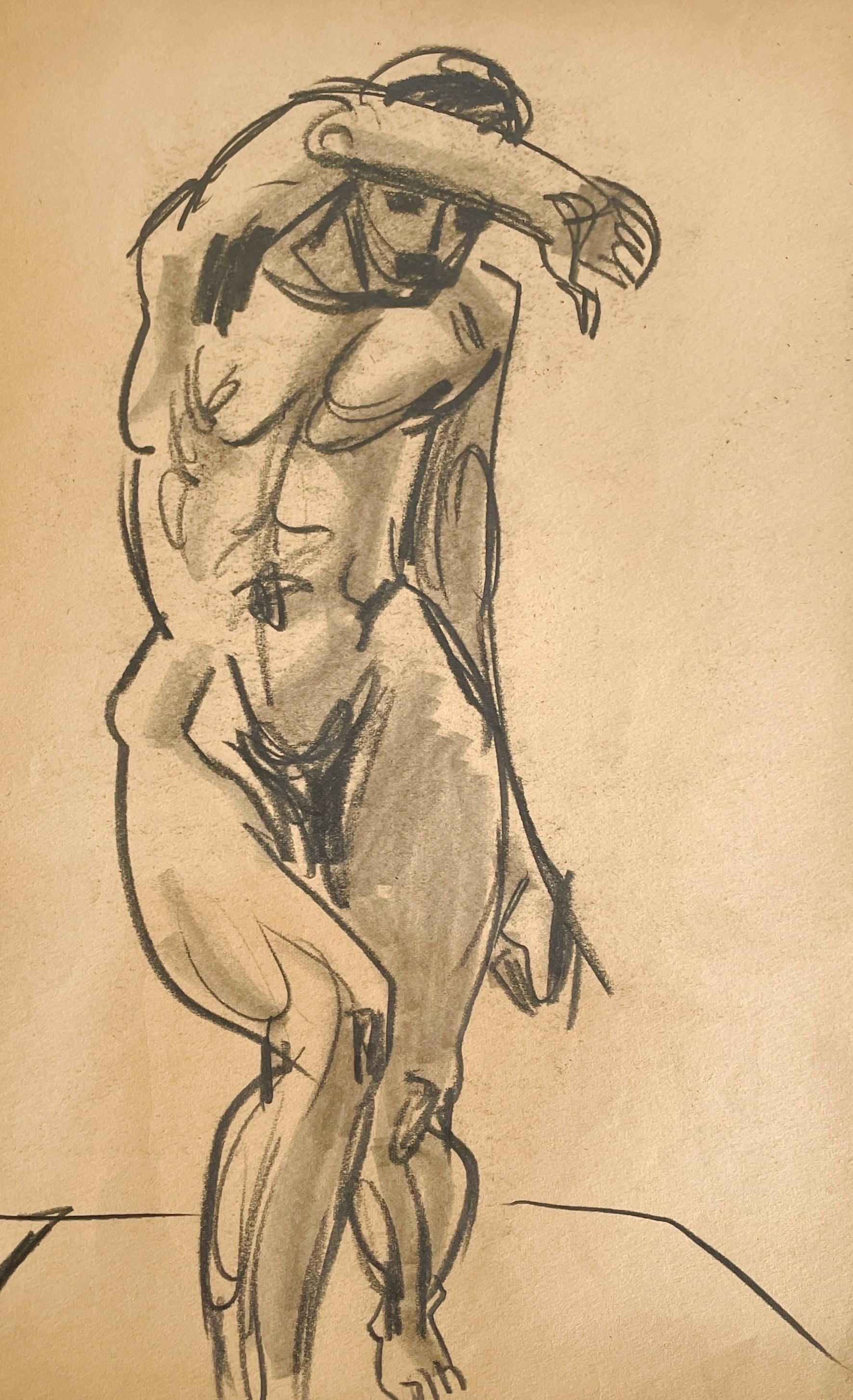 Dessin d'étude d'une figure académique moderne des années 1940, modèle masculin nu debout - Beige Figurative Art par Harold Haydon