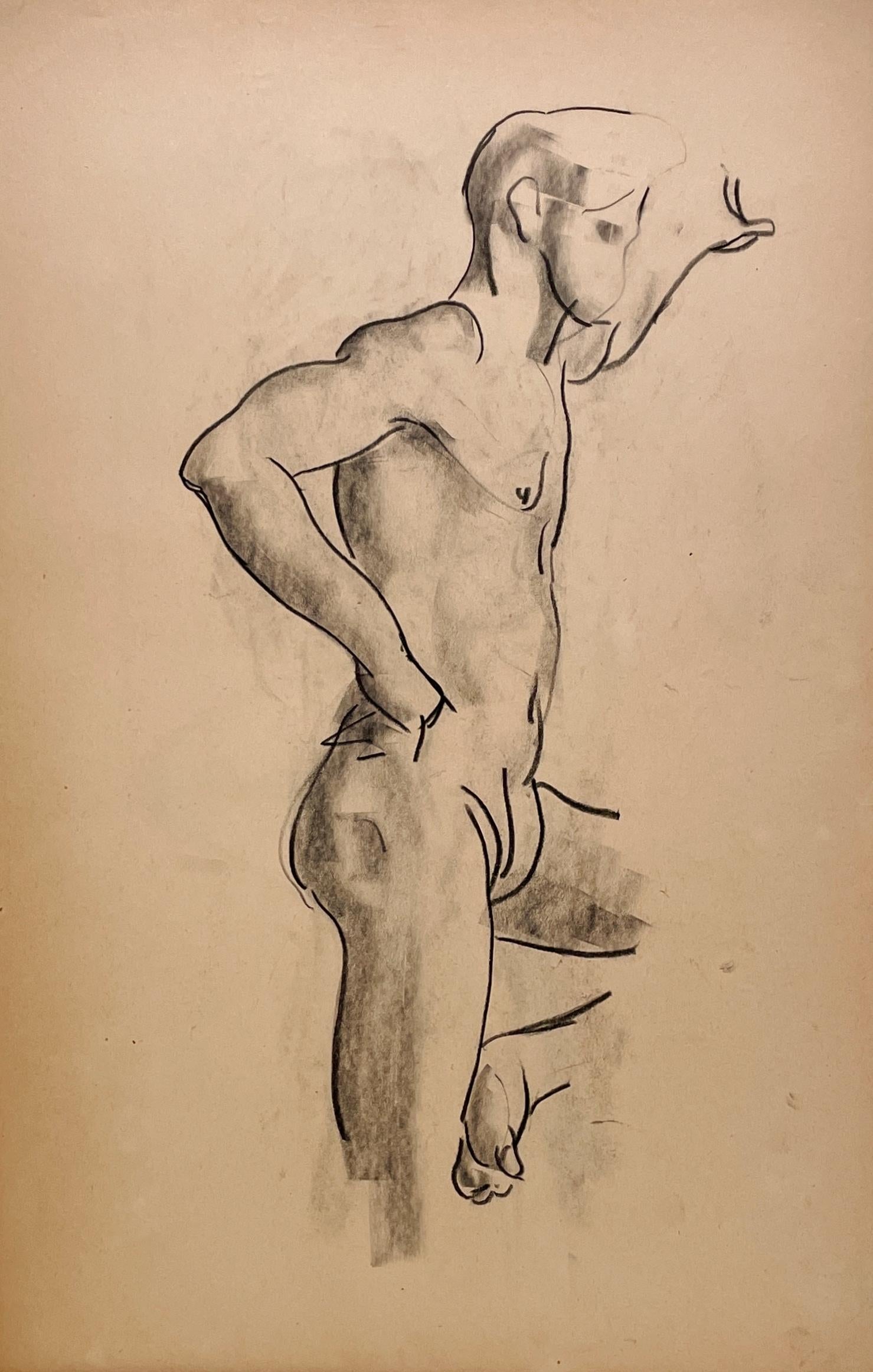 Dessin d'étude d'un jeune modèle masculin nu, debout, datant des années 1930.
