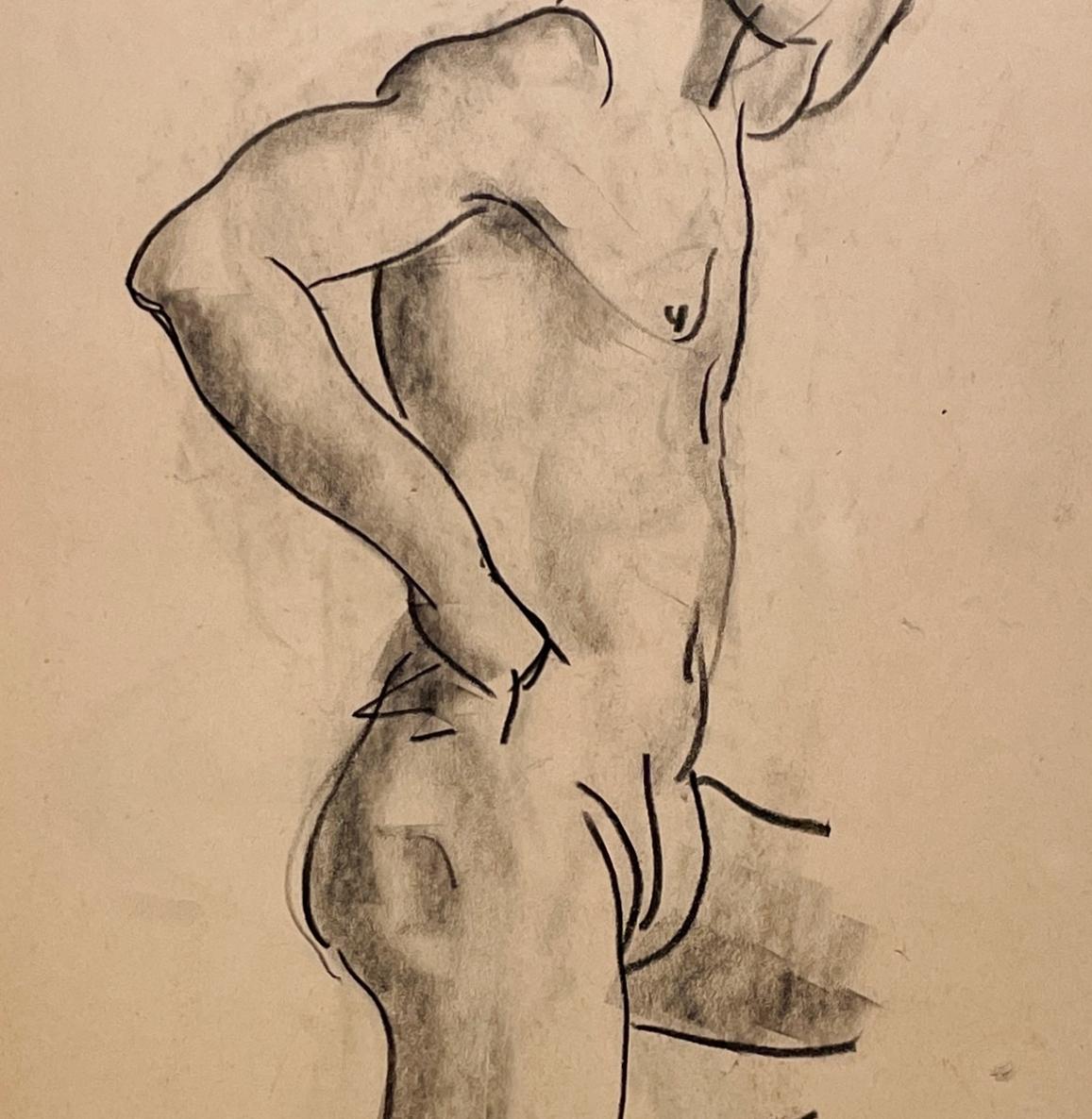 Dessin d'étude d'un jeune modèle masculin nu, debout, datant des années 1930. en vente 2