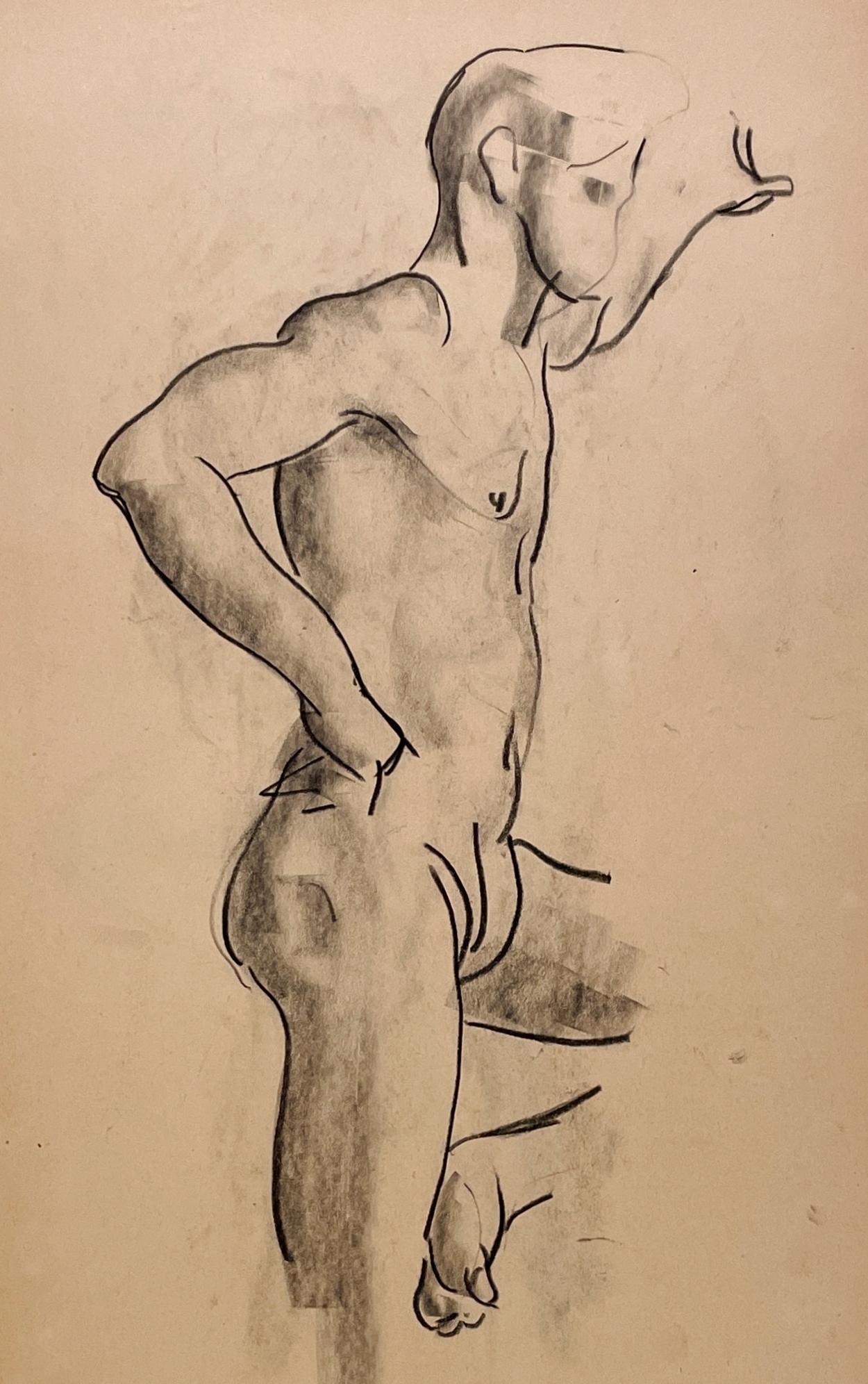 Belle étude de figure académique moderne des années 1930 d'un jeune modèle masculin nu debout par le célèbre artiste de Chicago, Harold Haydon (Am. 1909-1994).  Un dessin d'étude de figure au fusain exceptionnellement bien exécuté par Haydon au