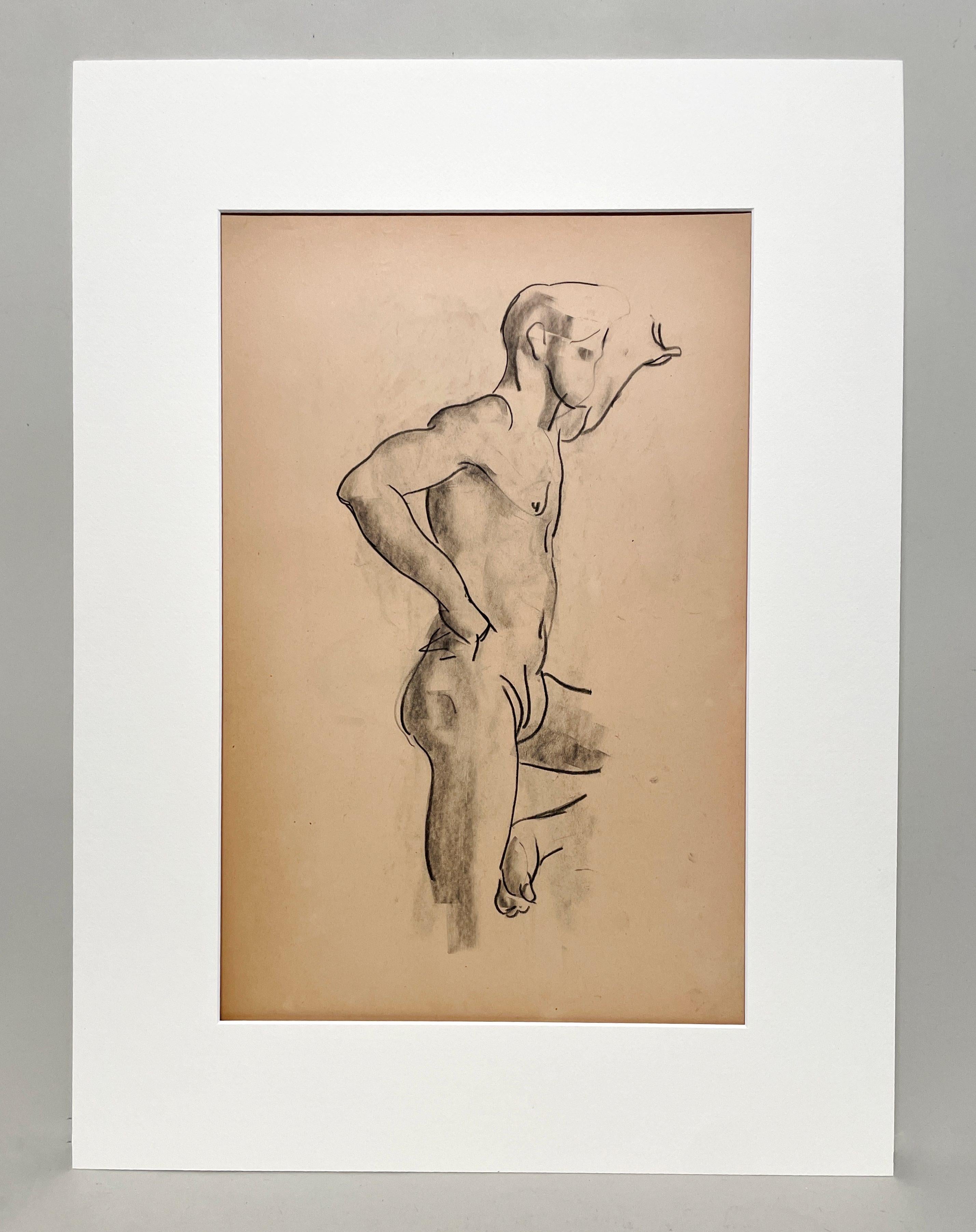 Dessin d'étude d'un jeune modèle masculin nu, debout, datant des années 1930. - Art de Harold Haydon
