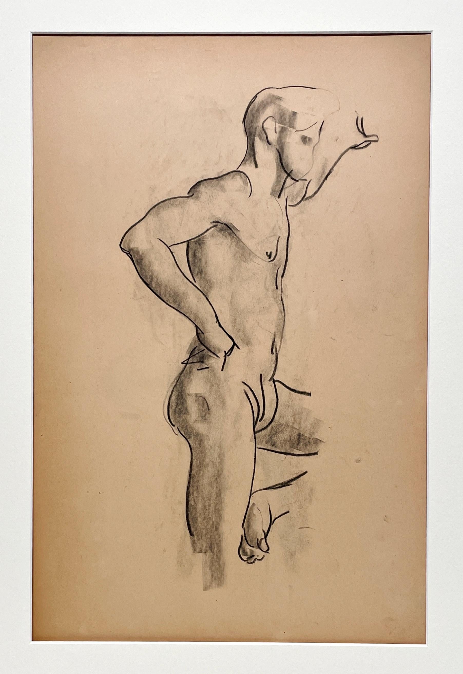 Dessin d'étude d'un jeune modèle masculin nu, debout, datant des années 1930. - Modernisme américain Art par Harold Haydon