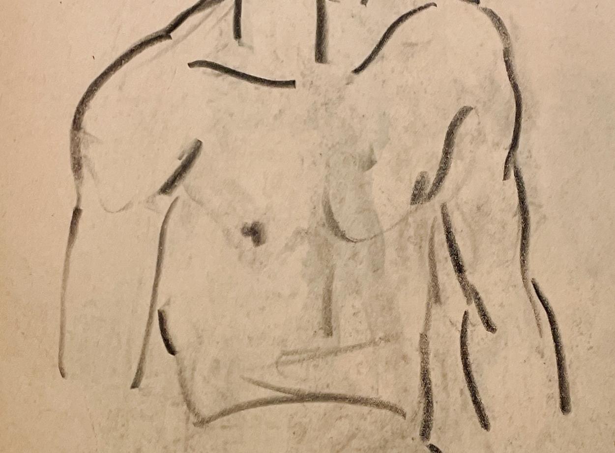 Dibujo de estudio de una figura moderna de los años 30, modelo masculino joven desnudo sentado (torso) en venta 2