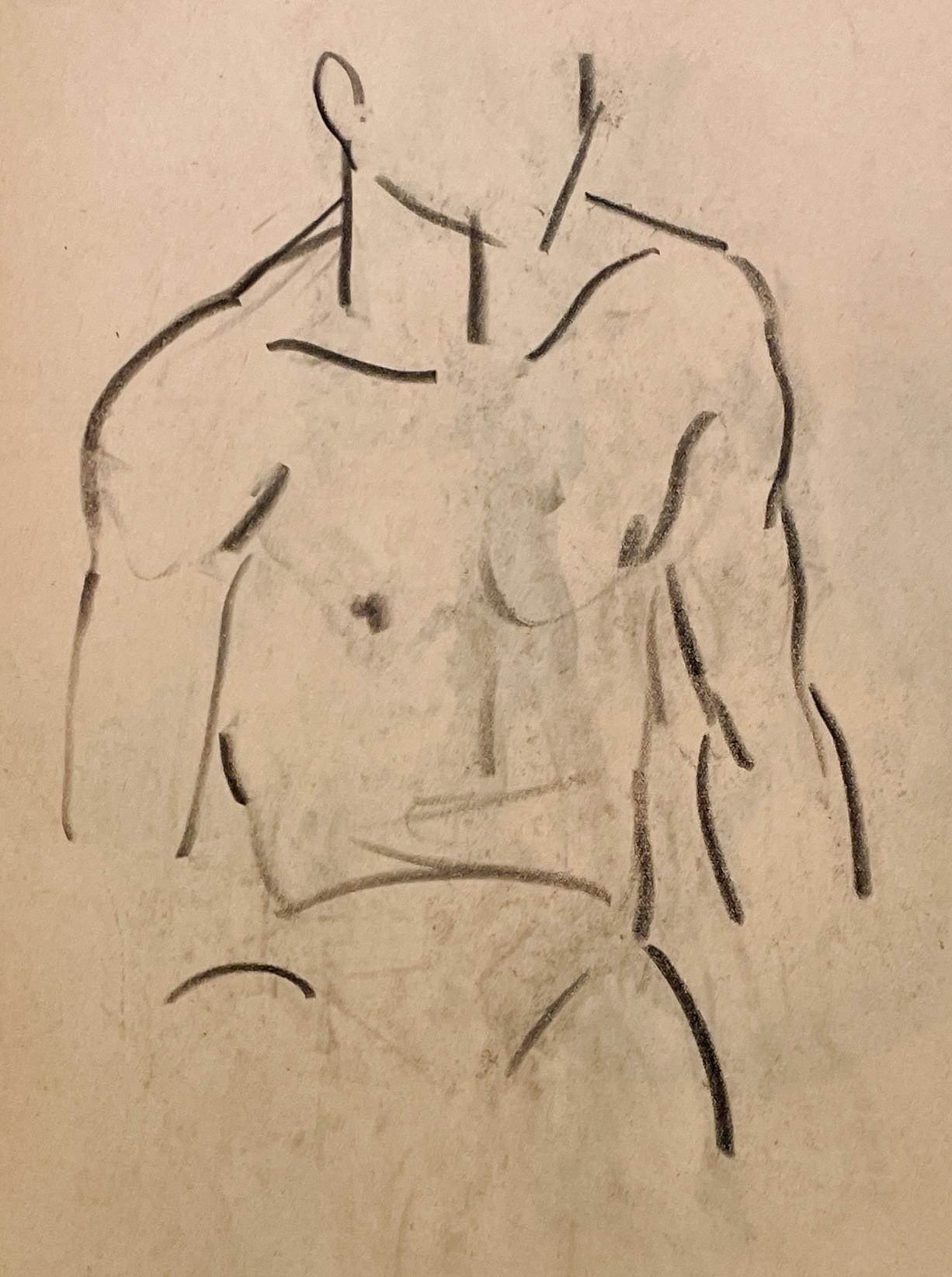 Dibujo de estudio de una figura moderna de los años 30, modelo masculino joven desnudo sentado (torso) en venta 1