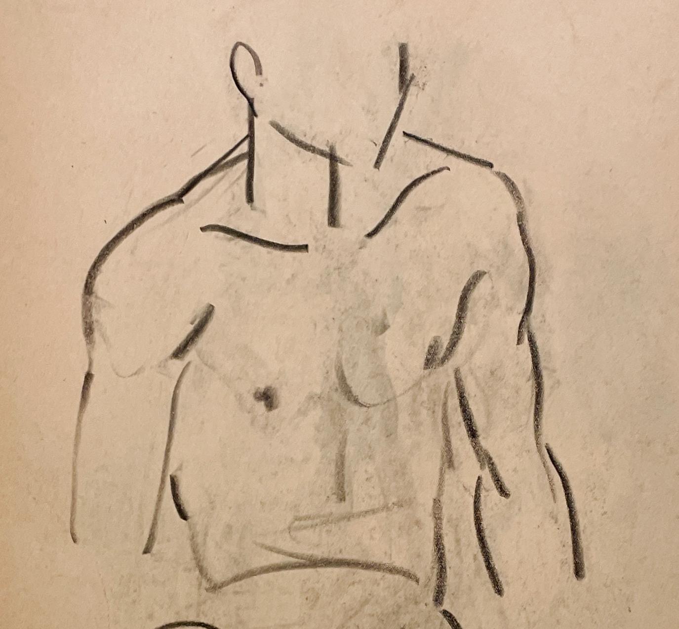 Fino estudio de figura académica moderna de la década de 1930 de un modelo desnudo masculino joven sentado (torso) del notable artista de Chicago Harold Haydon (Am. 1909-1994).  Un dibujo al carboncillo de Haydon de principios de los años 30,