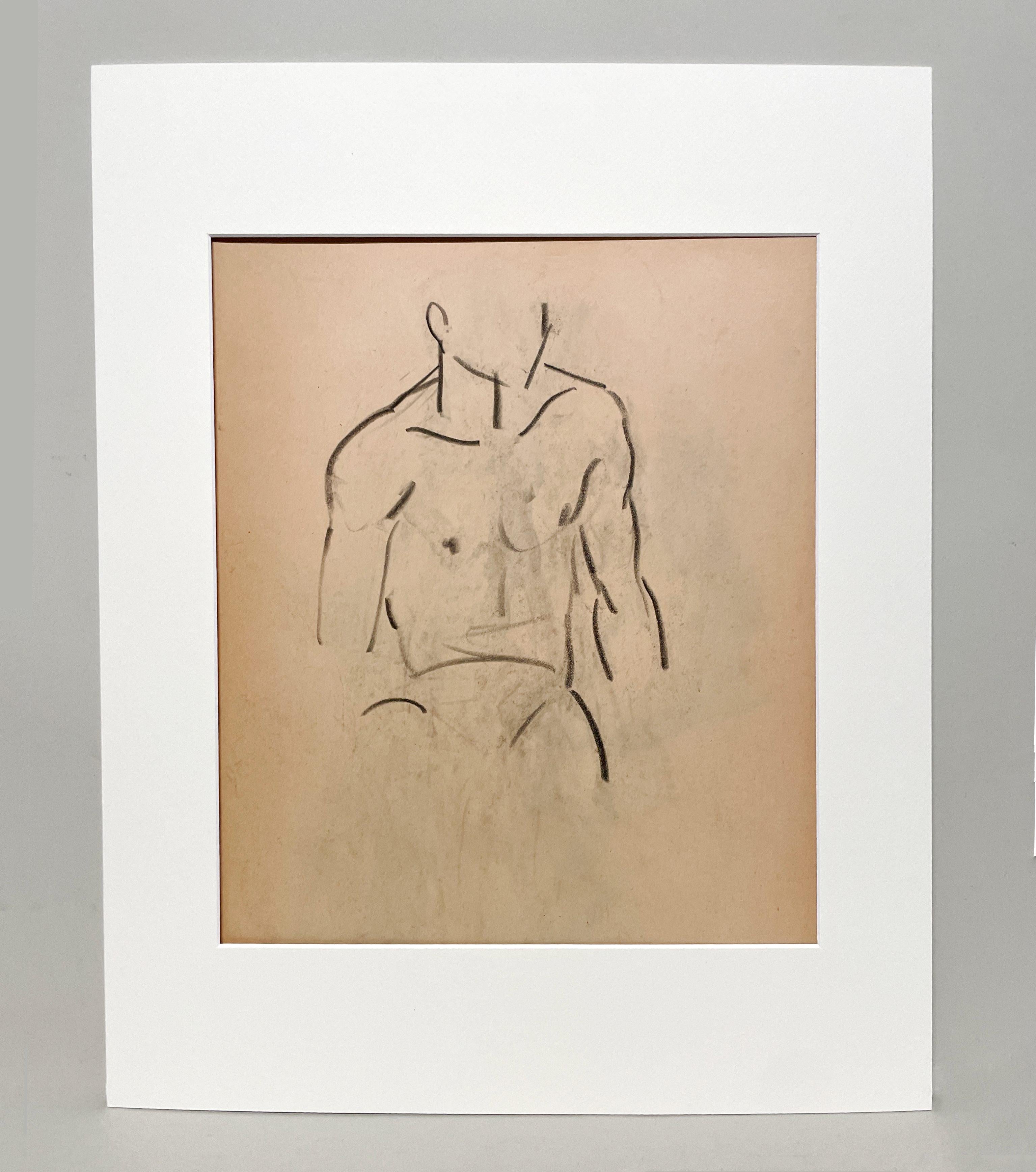 Dibujo de estudio de una figura moderna de los años 30, modelo masculino joven desnudo sentado (torso) - Art de Harold Haydon