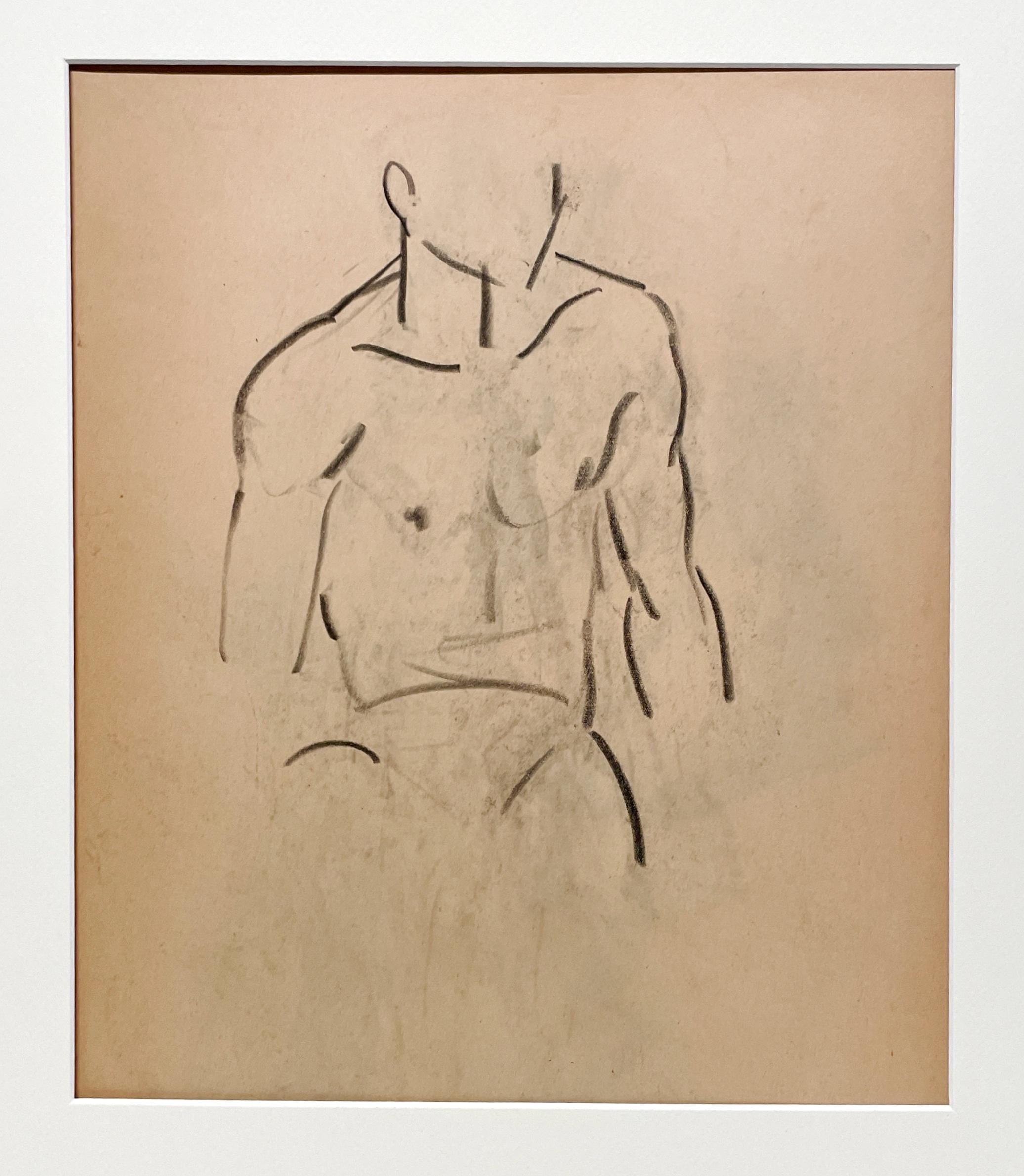Dibujo de estudio de una figura moderna de los años 30, modelo masculino joven desnudo sentado (torso) - Art moderno estadounidense de Harold Haydon
