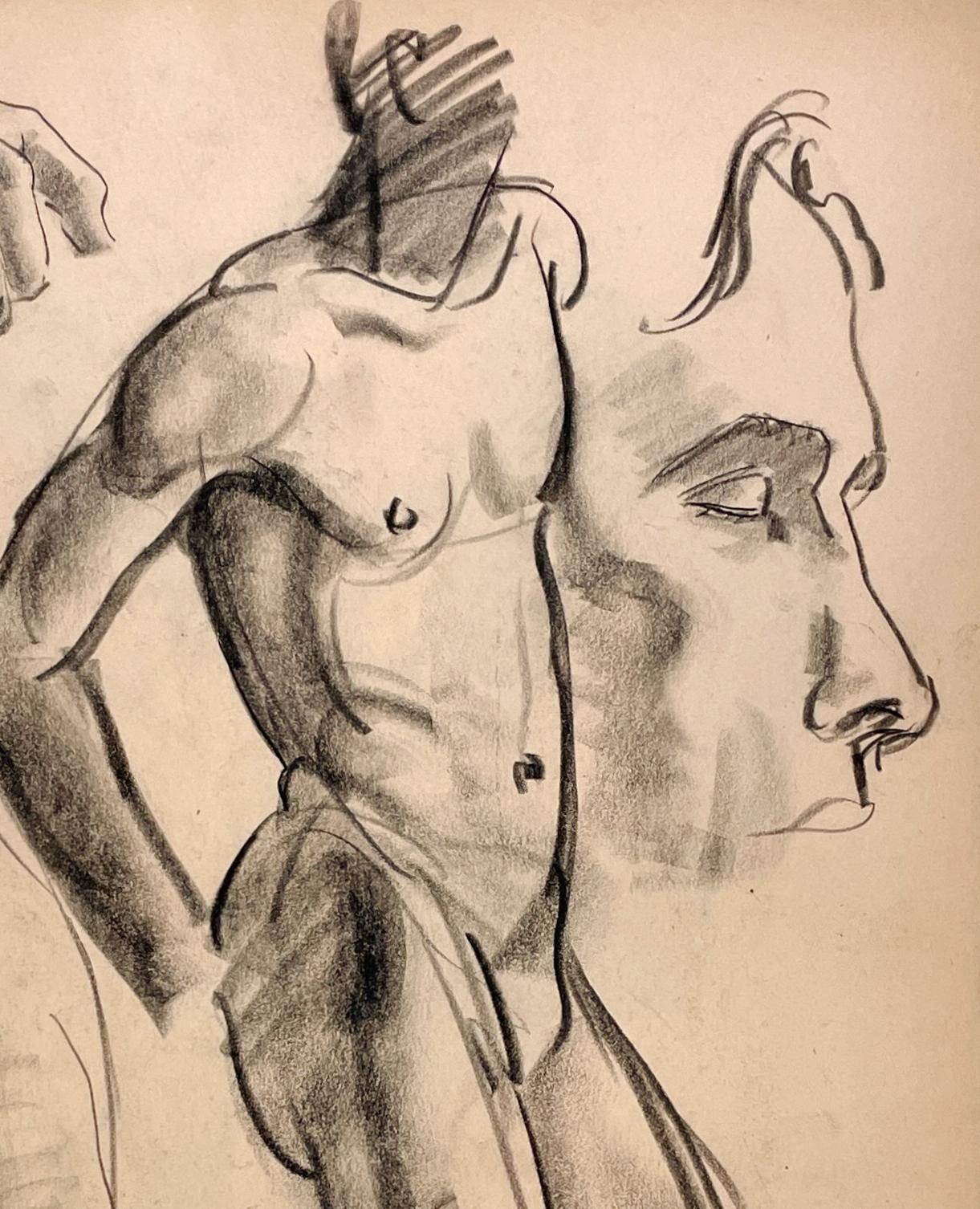 Dibujo de estudio de una figura académica moderna de los años 30, de un modelo masculino desnudo de pie, del famoso artista de Chicago Harold Haydon (Am. 1909-1994).  Un dibujo a carboncillo de Haydon, de principios de los años 30, excepcionalmente