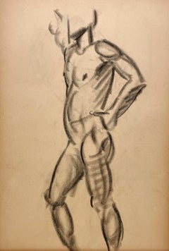 Moderne akademische Figurenstudie aus den 1930er Jahren mit einem stehenden männlichen Aktmodell