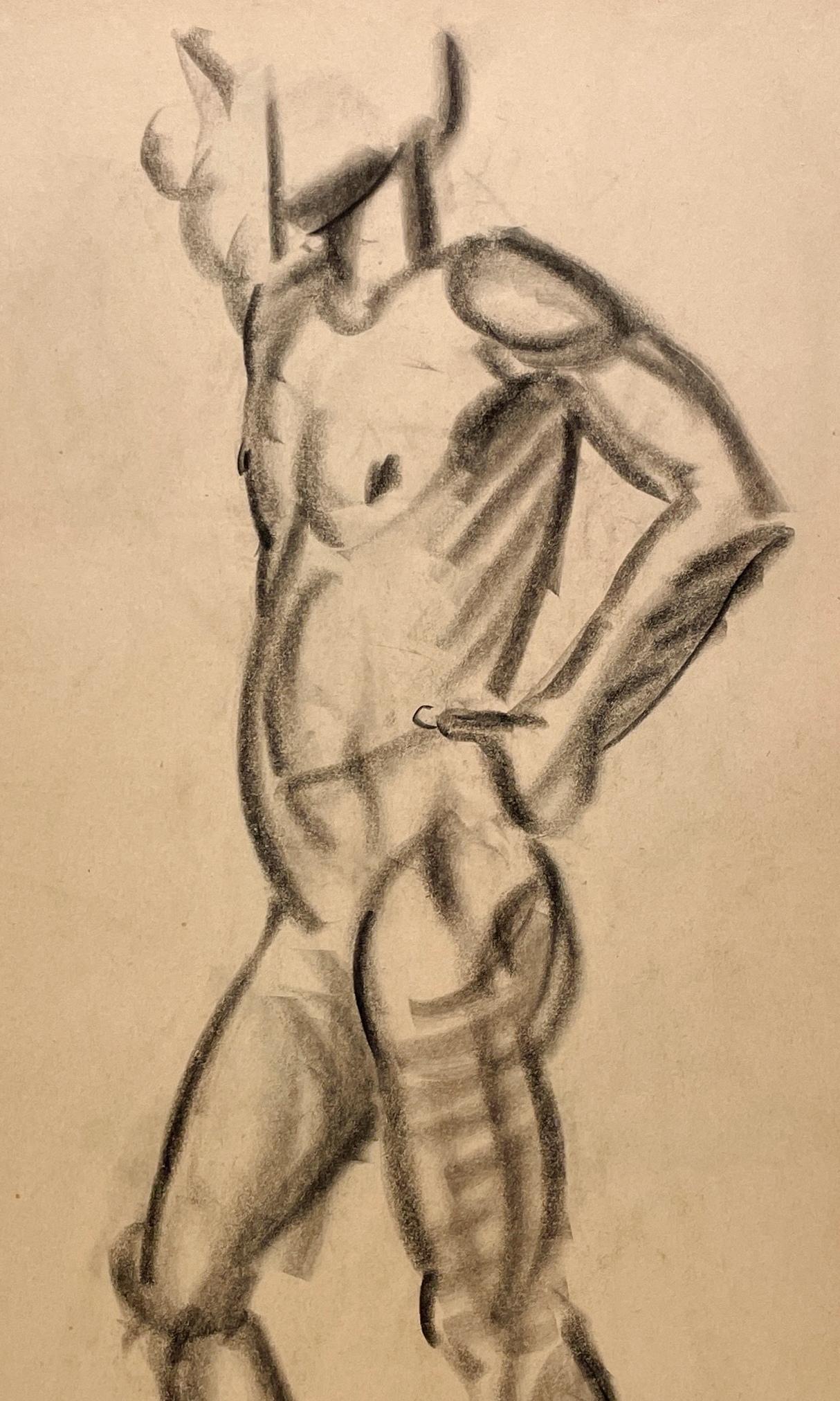 Beau dessin d'étude de figure académique moderne des années 1930 d'un modèle masculin nu debout par le célèbre artiste de Chicago, Harold Haydon (Am. 1909-1994).  Un dessin au fusain exceptionnellement bien exécuté de Haydon, datant du début des