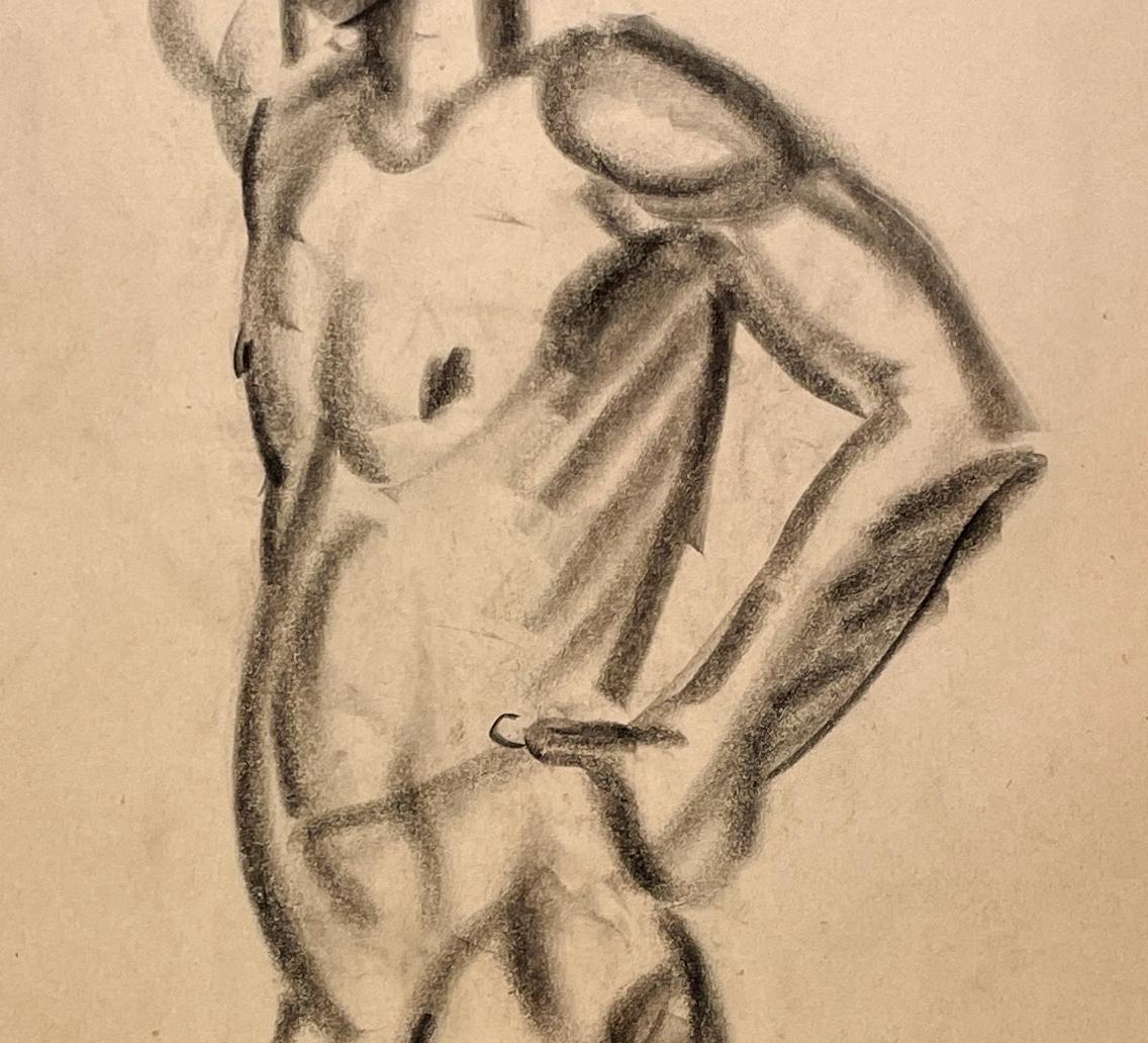 Dessin d'étude de figure académique moderne des années 1930 d'un modèle masculin nu debout en vente 1