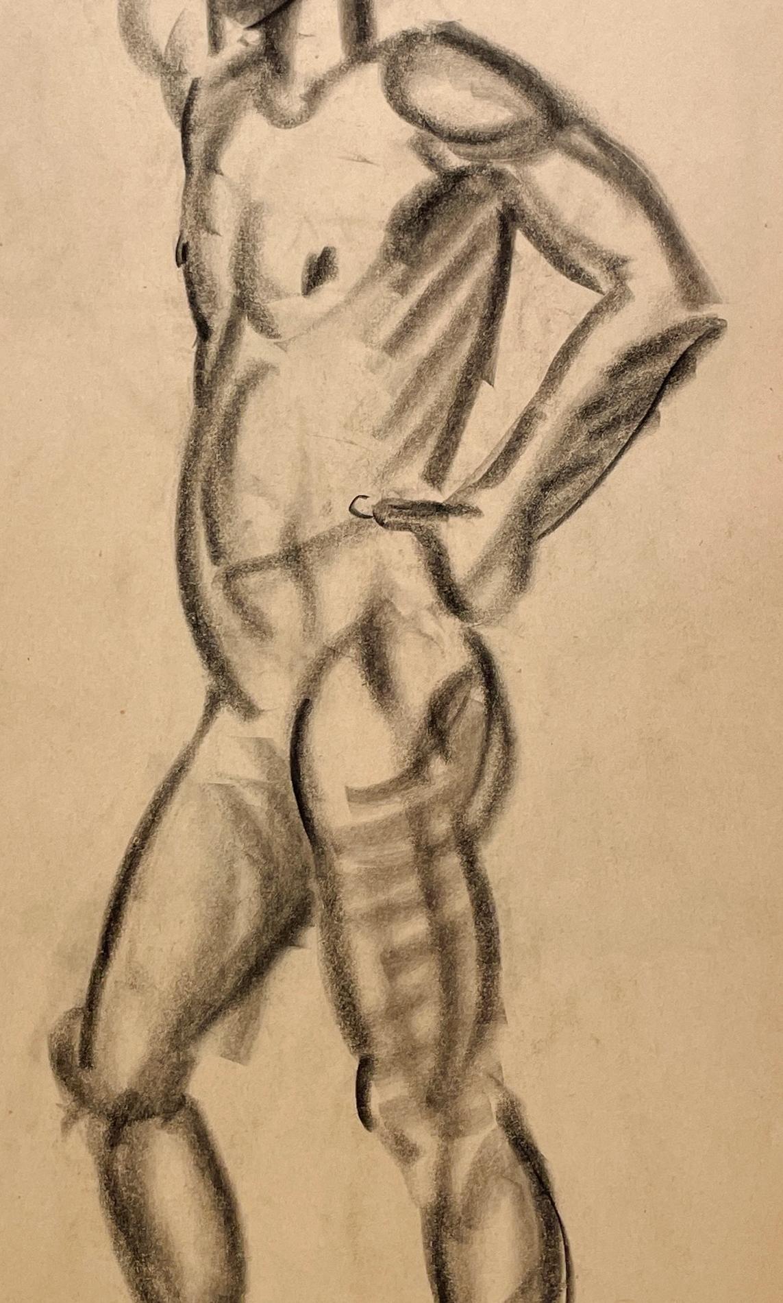 Dessin d'étude de figure académique moderne des années 1930 d'un modèle masculin nu debout en vente 2