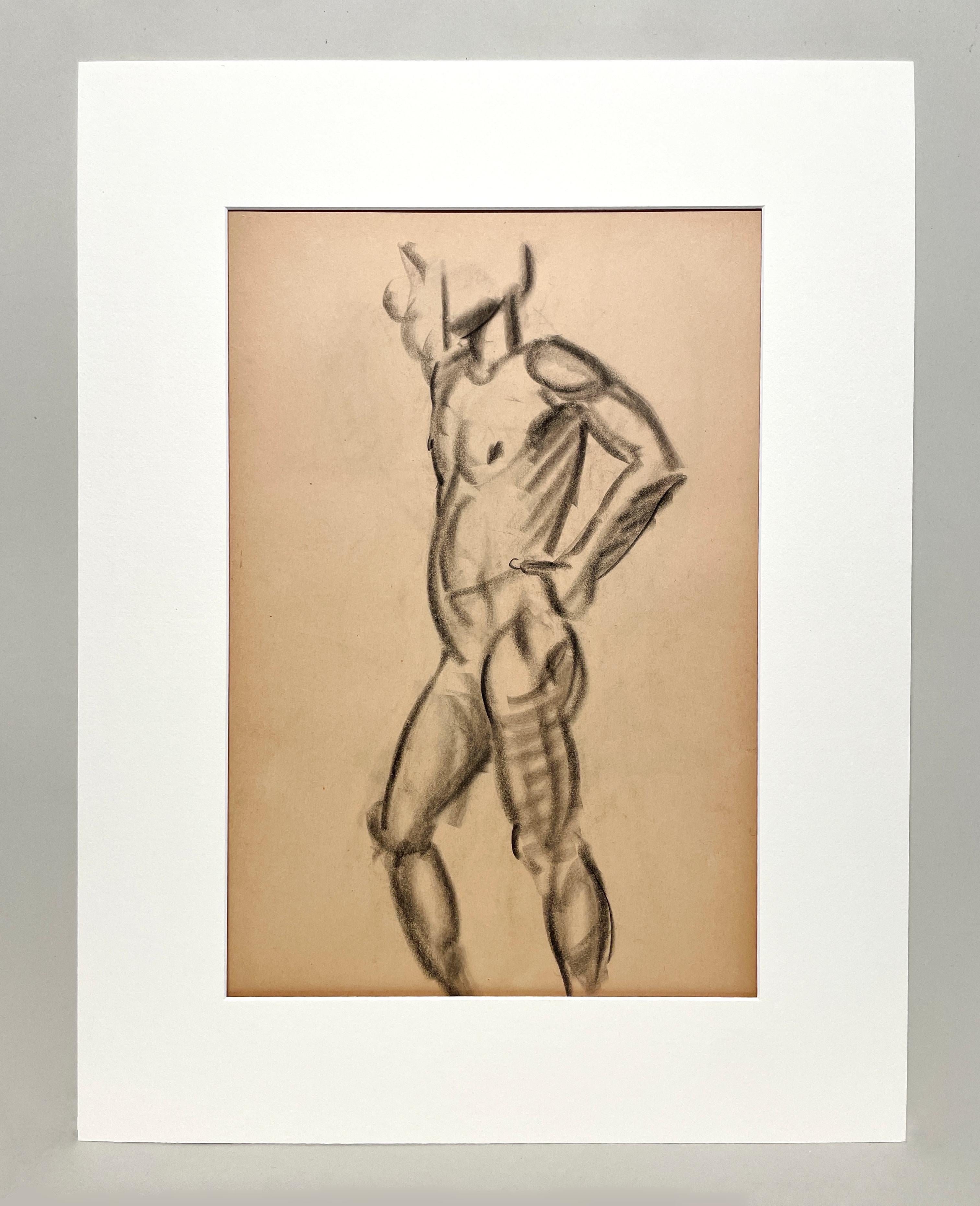 Dessin d'étude de figure académique moderne des années 1930 d'un modèle masculin nu debout - Art de Harold Haydon
