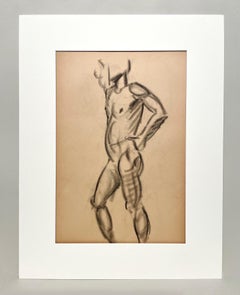 A Fine 1930s, Modern Academic Figure Study Drawing of a Standing Male Nude Model