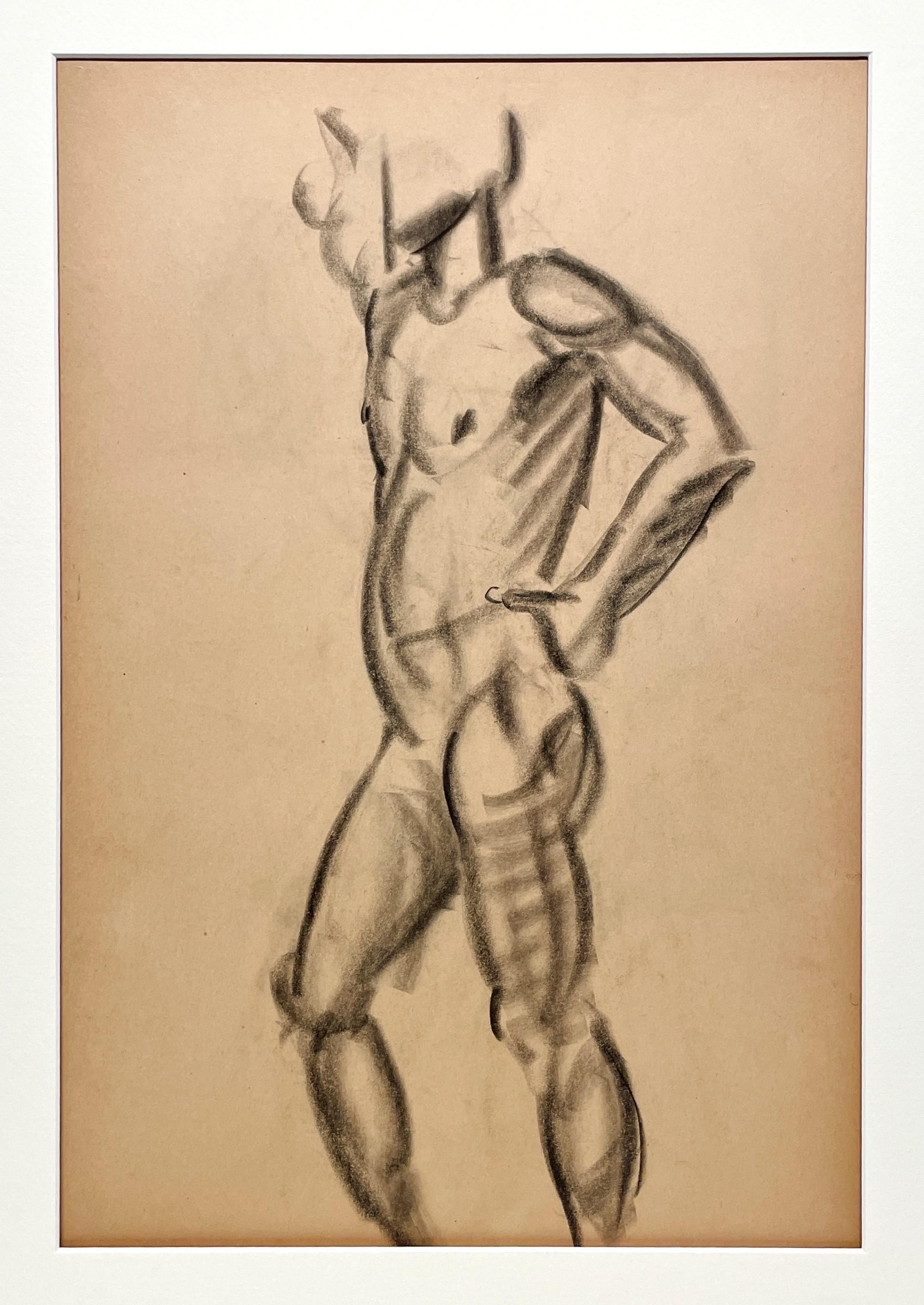 Dessin d'étude de figure académique moderne des années 1930 d'un modèle masculin nu debout - Modernisme américain Art par Harold Haydon