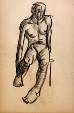 Moderne akademische Figurenstudie aus den 1930er Jahren mit einem sitzenden männlichen Aktmodell