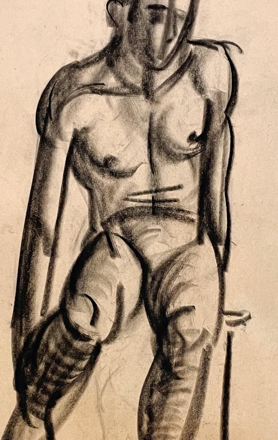 Un beau dessin d'étude de figure académique moderne des années 1930 d'un modèle masculin nu assis par le célèbre artiste de Chicago, Harold Haydon (Am. 1909-1994).  Un dessin au fusain exceptionnellement bien exécuté de Haydon, datant du début des