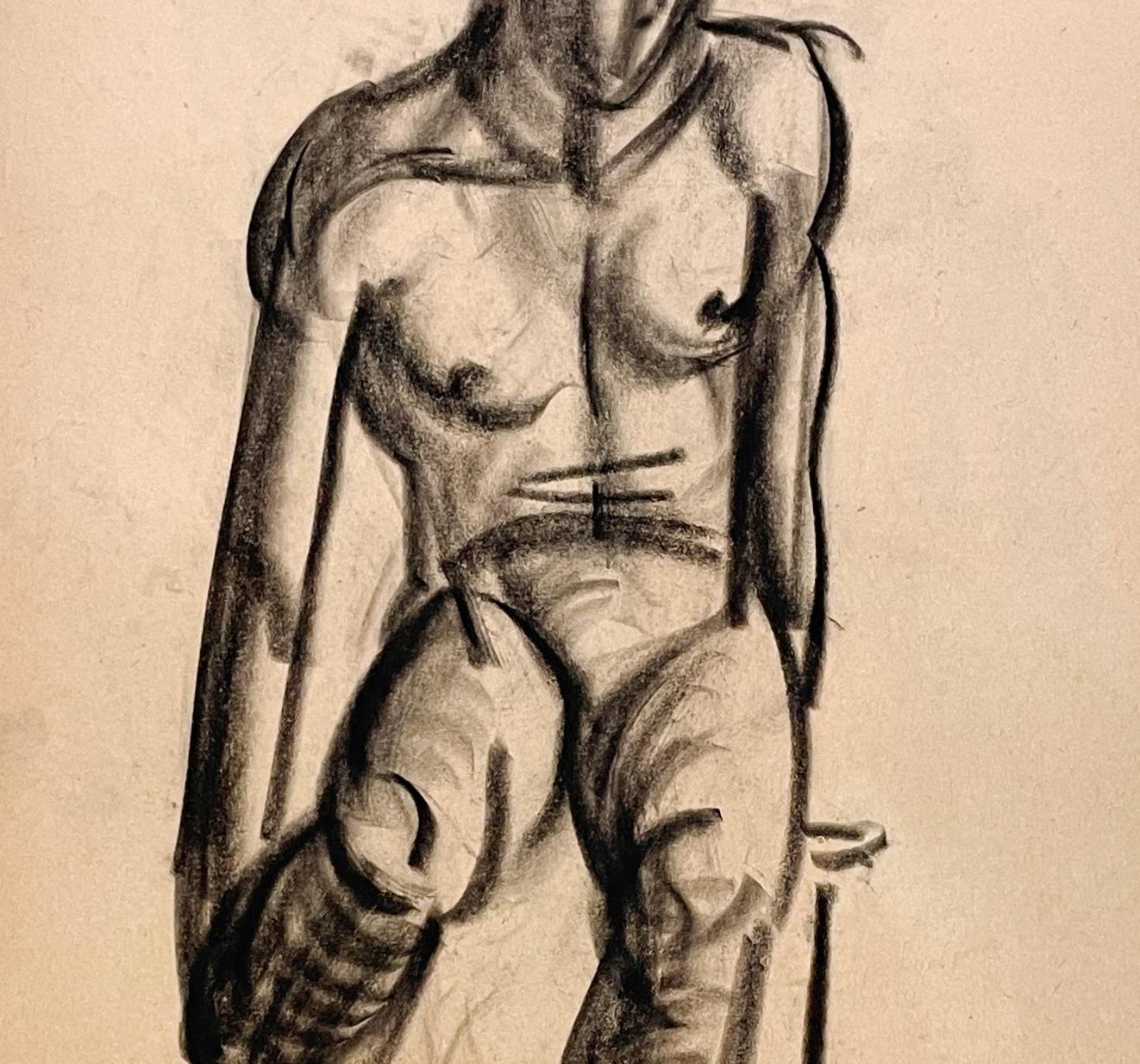 Dessin d'étude de figure académique moderne des années 1930 représentant un modèle No No assis. en vente 1