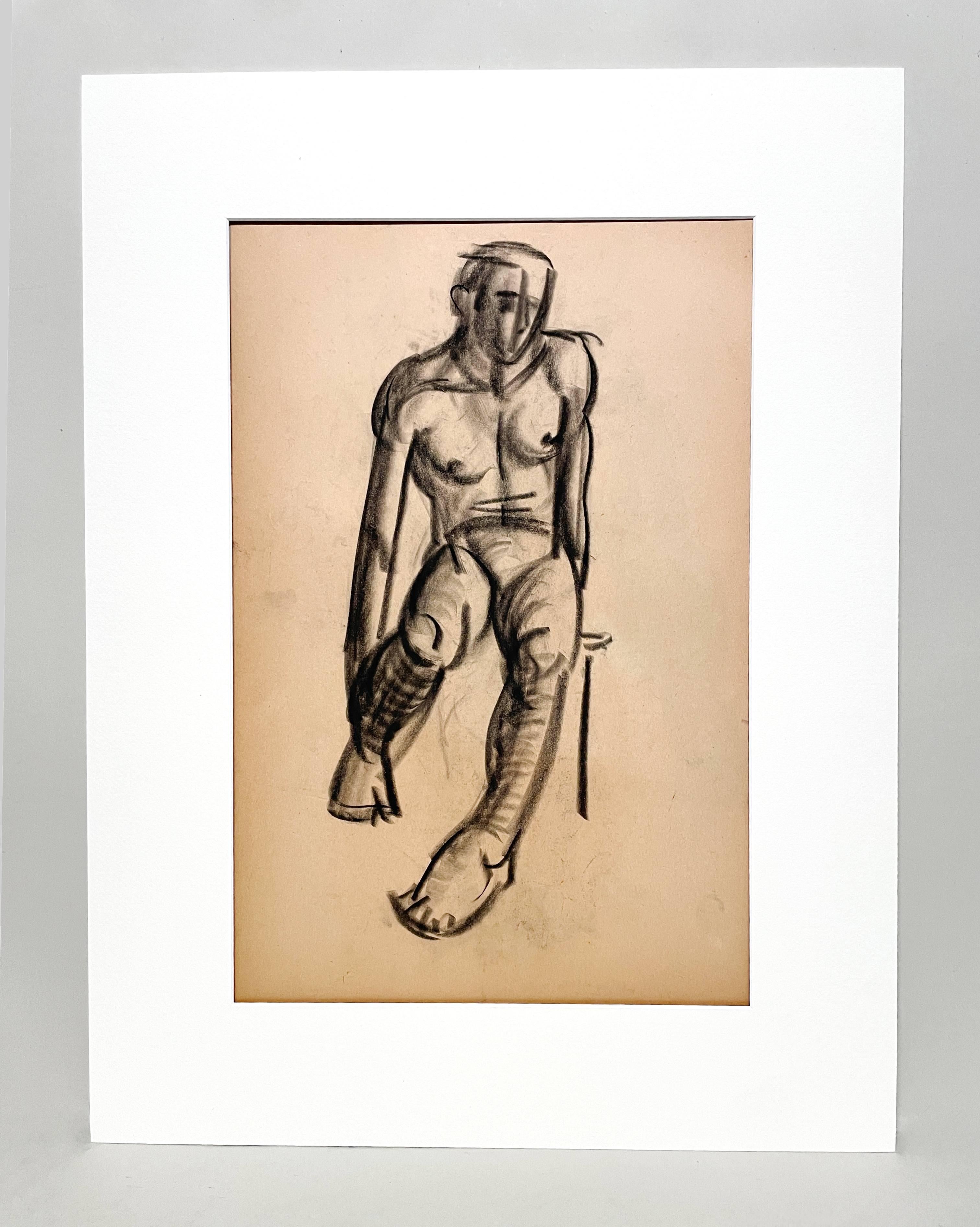 Dessin d'étude de figure académique moderne des années 1930 représentant un modèle No No assis. - Art de Harold Haydon