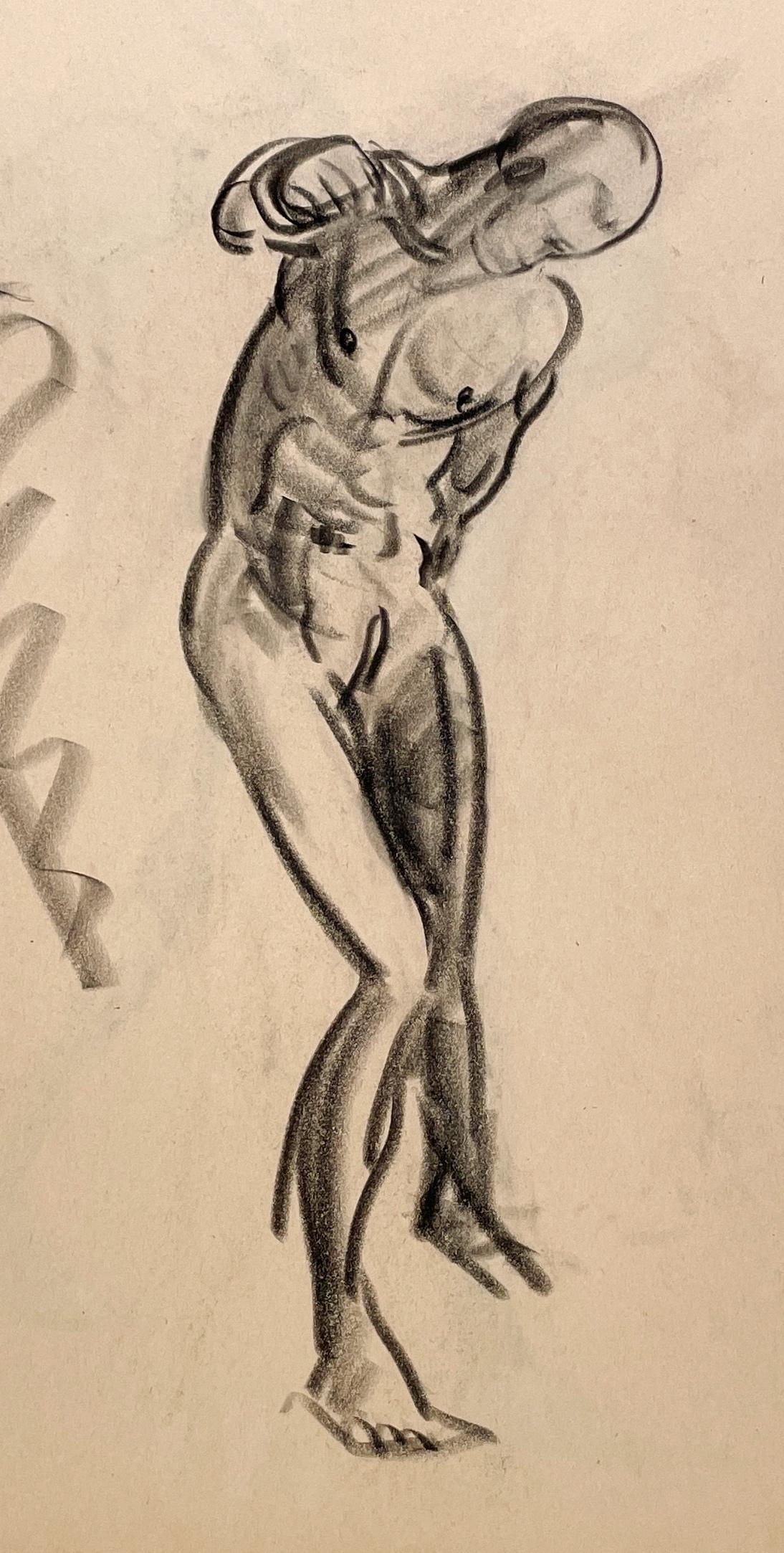 Beau dessin d'étude de figure académique moderne des années 1930 d'un modèle masculin nu debout par le célèbre artiste de Chicago, Harold Haydon (Am. 1909-1994).  Un dessin au fusain exceptionnellement bien exécuté de Haydon, datant du début des