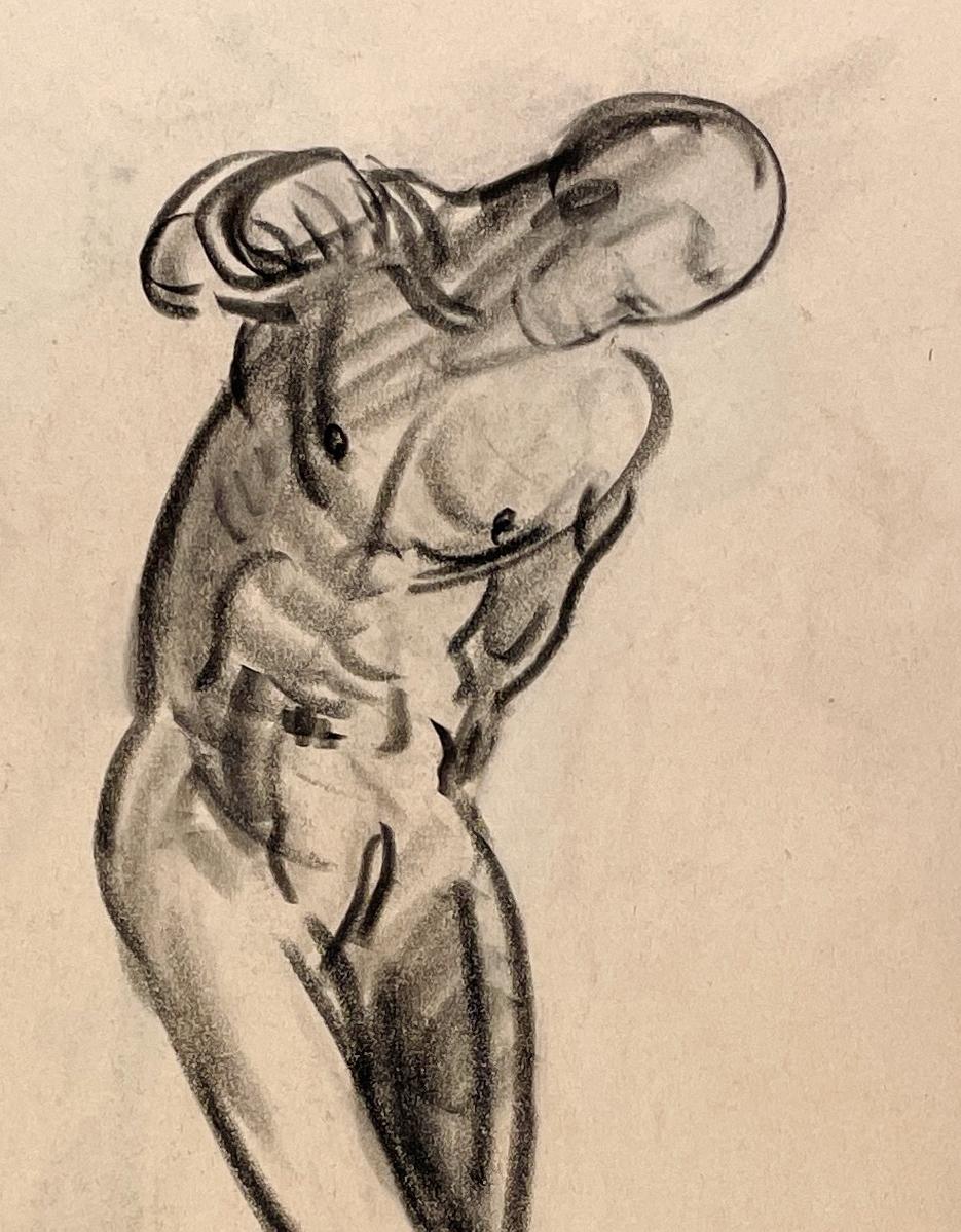 Dessin d'étude de figure académique moderne des années 1930 d'un modèle masculin nu debout en vente 1