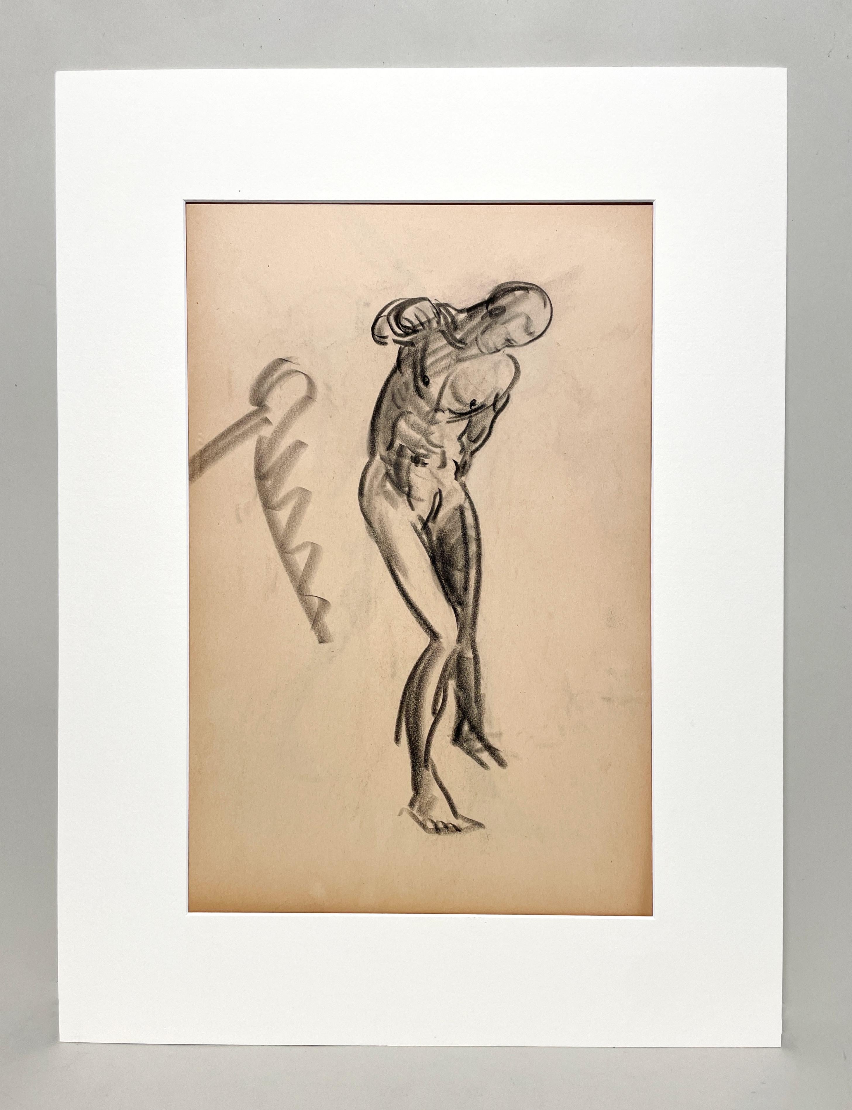 Dessin d'étude de figure académique moderne des années 1930 d'un modèle masculin nu debout - Art de Harold Haydon