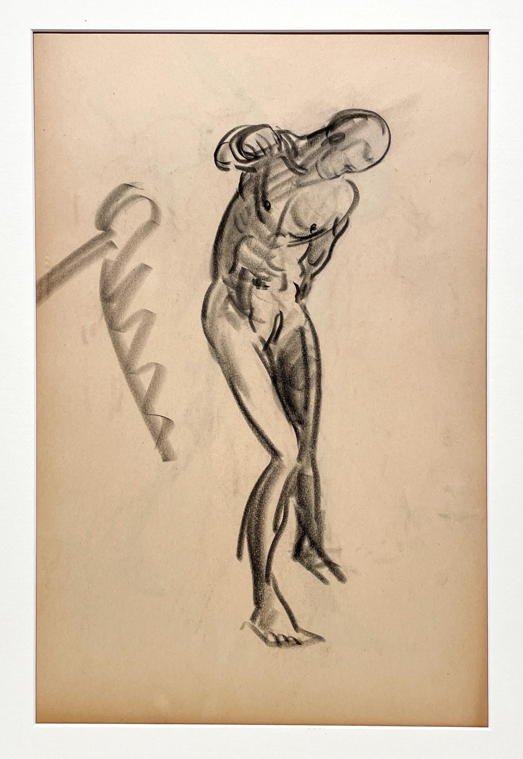 Dessin d'étude de figure académique moderne des années 1930 d'un modèle masculin nu debout - Modernisme américain Art par Harold Haydon