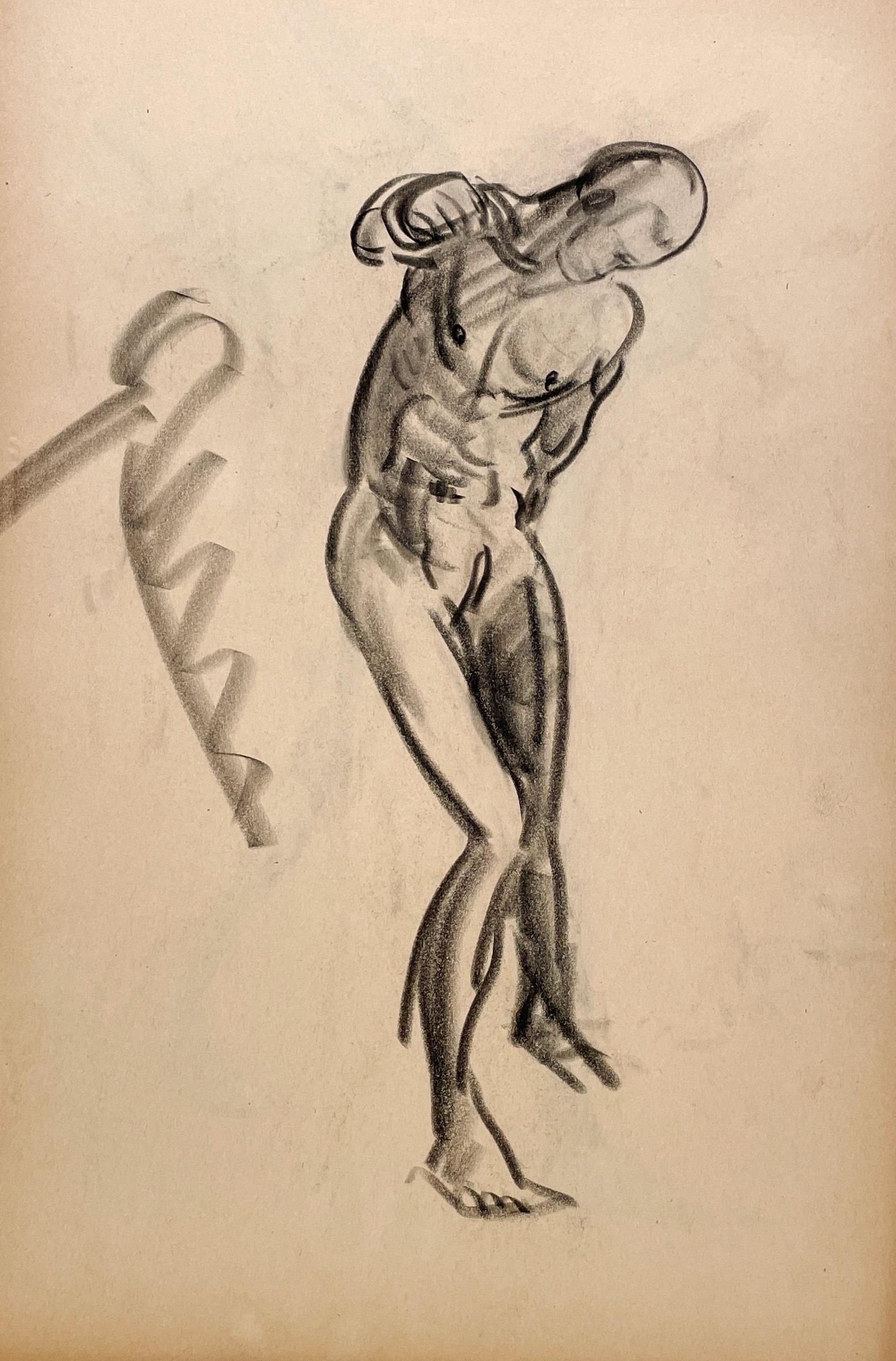 Dessin d'étude de figure académique moderne des années 1930 d'un modèle masculin nu debout - Beige Nude par Harold Haydon