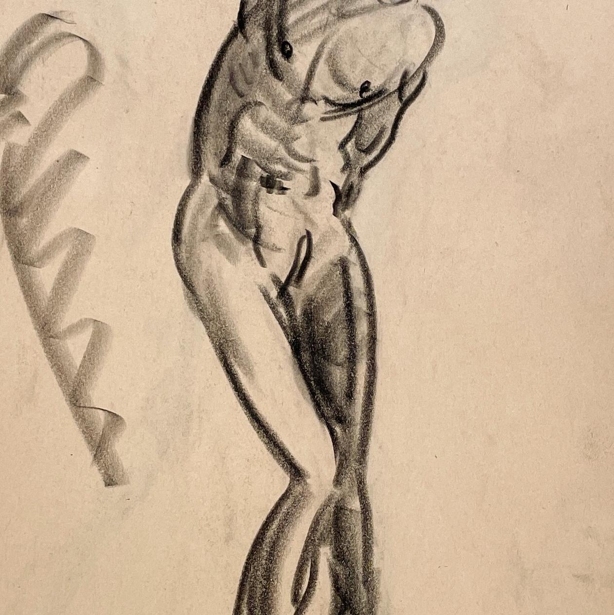 Dessin d'étude de figure académique moderne des années 1930 d'un modèle masculin nu debout en vente 2