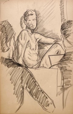 A Fine 1930s Modern Drawing- Figure Study Sketch Class, Artists & Male Model