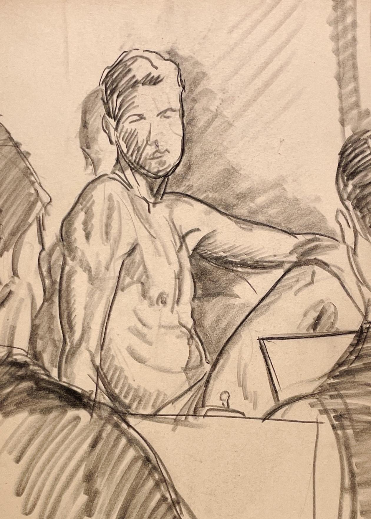 A Fine 1930s Modern Drawing- Figure Study Sketch Class, Artists & Male Model For Sale 2