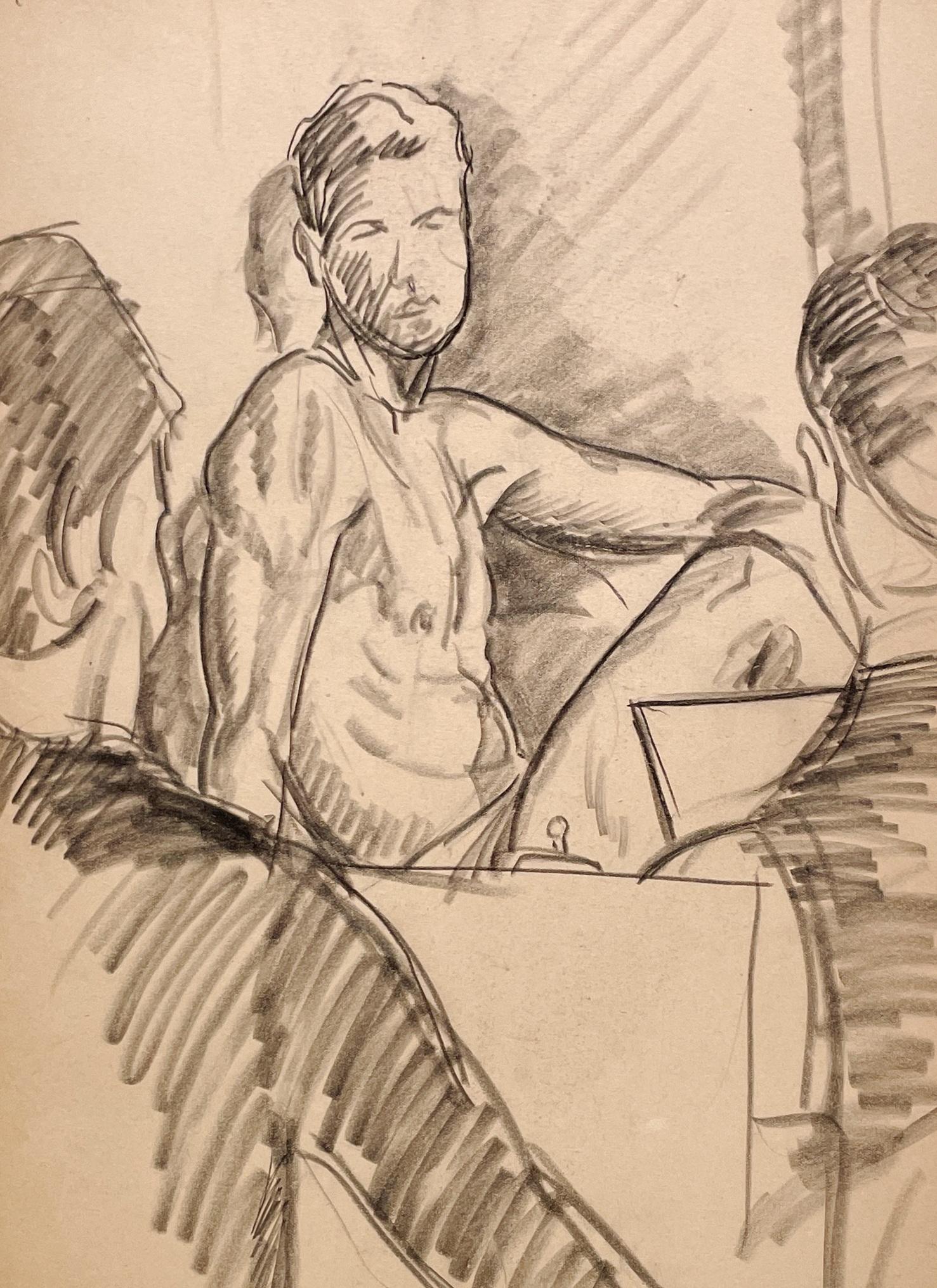 A Fine 1930s Modern Drawing- Figure Study Sketch Class, Artists & Male Model For Sale 3