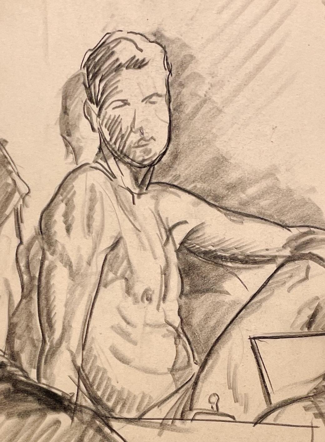 A Fine 1930s Modern Drawing- Figure Study Sketch Class, Artists & Male Model For Sale 4