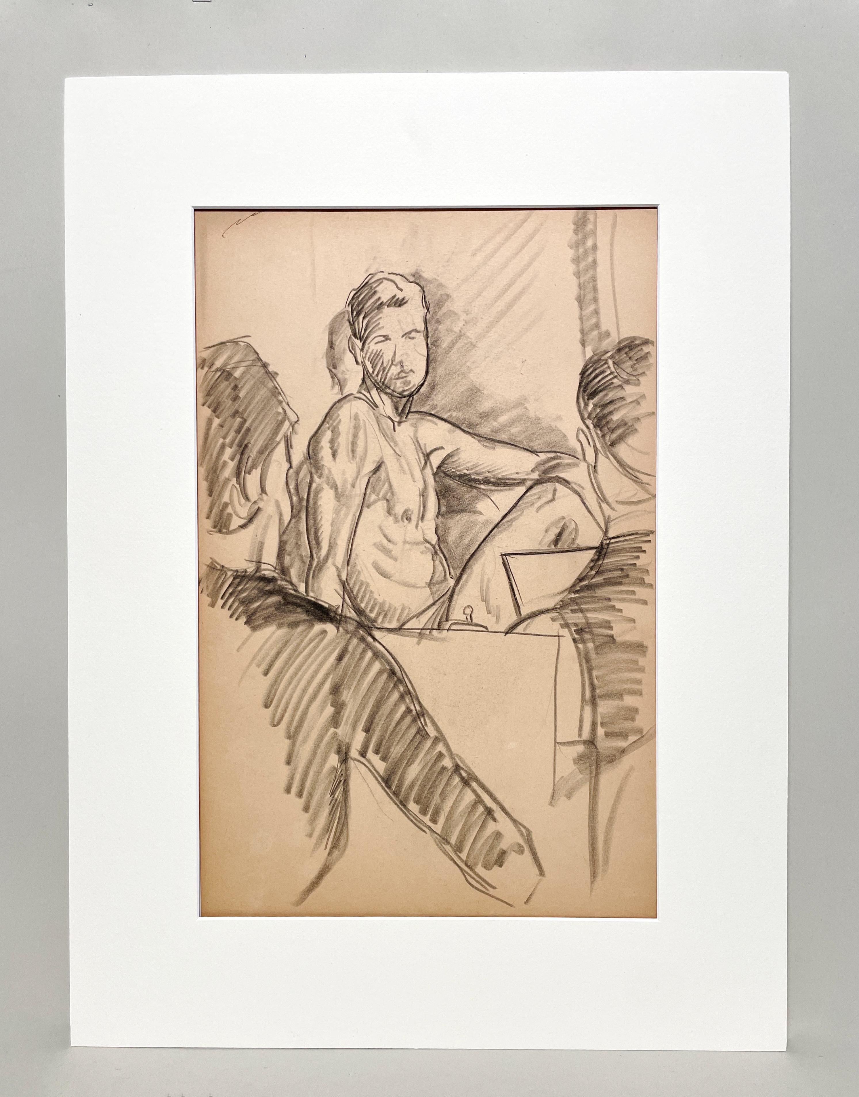 A Fine 1930s Modern Drawing- Figure Study Sketch Class, Artists & Male Model - Beige Nude by Harold Haydon