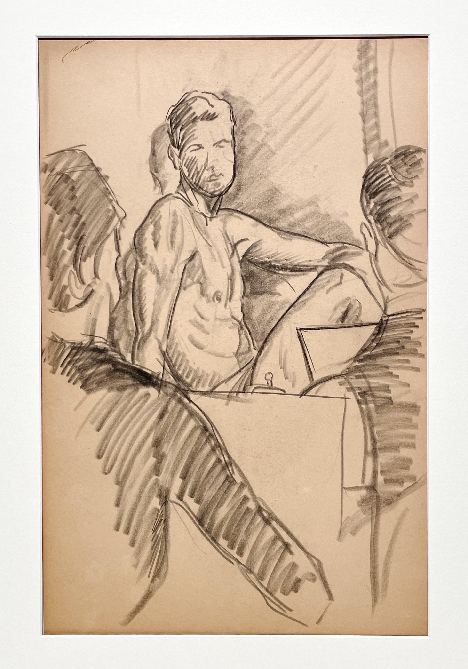 A Fine 1930s Modern Academic Figure Study Drawing, Depicting an Artist's Sketch Class and a Seated Young Male Mode by Notable Chicago Artist, Harold Haydon (Am. 1909-1994).  An exceptionally well executed early 1930s charcoal drawing by Haydon