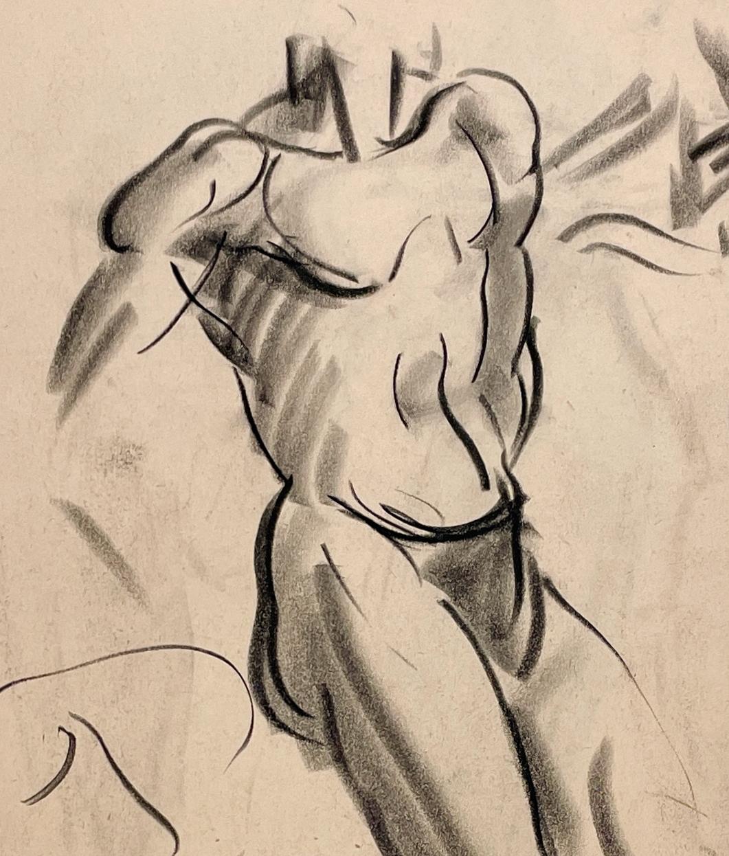 Dessin d'étude de figure académique moderne des années 1930 d'un modèle masculin nu debout en vente 1