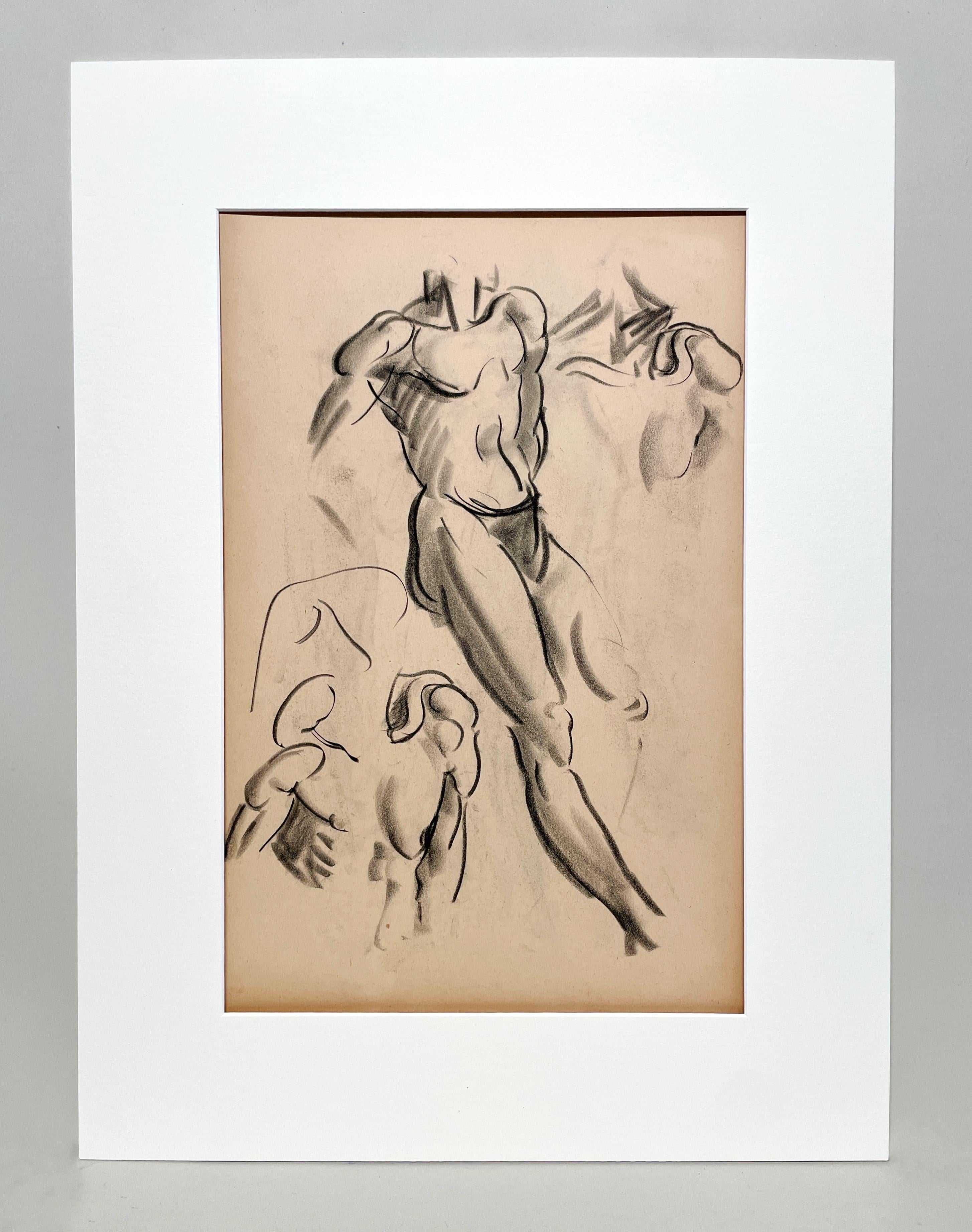 Dessin d'étude de figure académique moderne des années 1930 d'un modèle masculin nu debout - Art de Harold Haydon