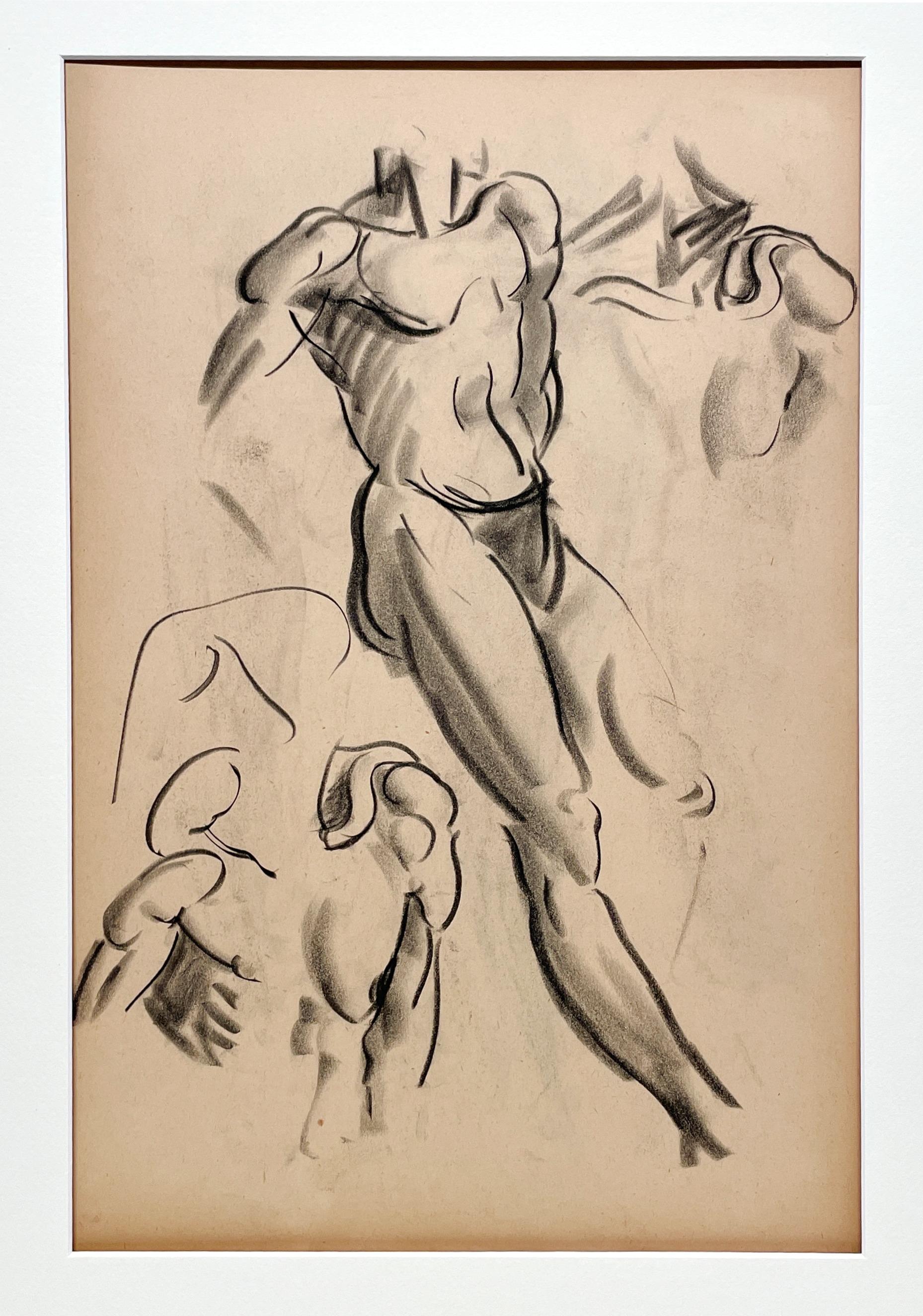 Dessin d'étude de figure académique moderne des années 1930 d'un modèle masculin nu debout - Modernisme américain Art par Harold Haydon