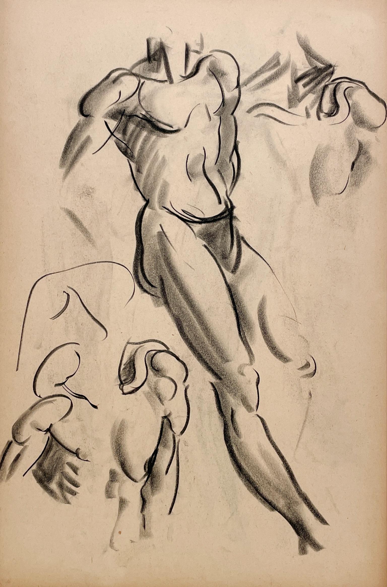 Dessin d'étude de figure académique moderne des années 1930 d'un modèle masculin nu debout - Beige Nude par Harold Haydon
